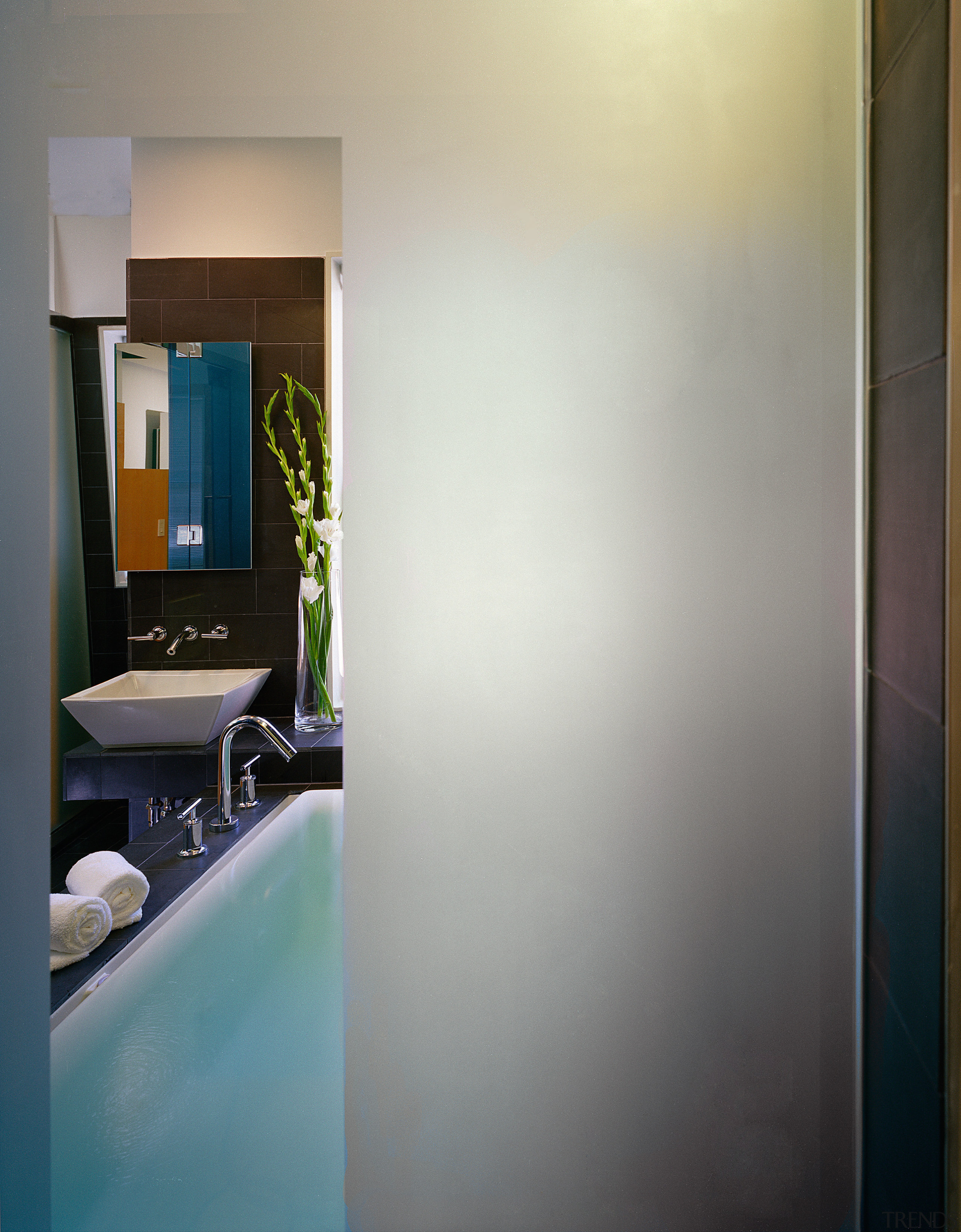 A close up view of the vanity and architecture, door, glass, house, interior design, lighting, room, wall, window, gray