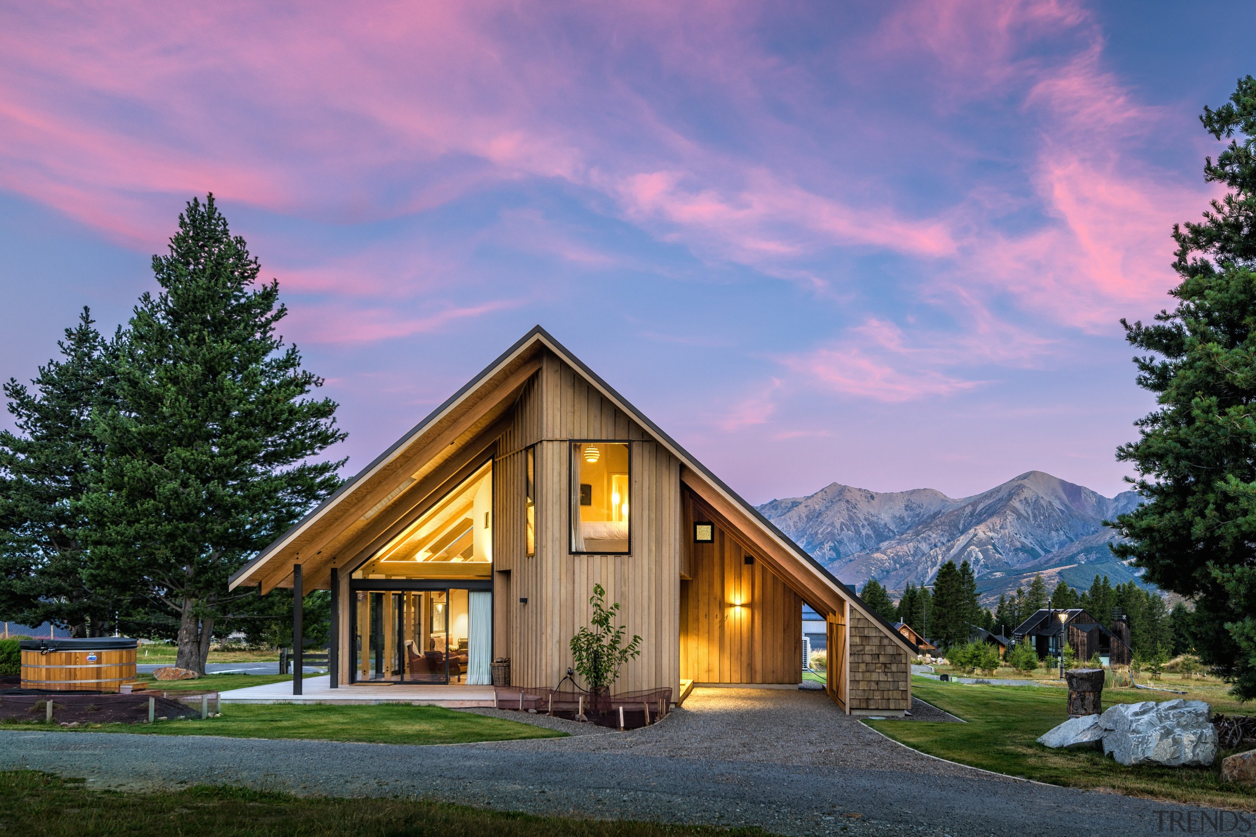 The post and beam structure features large timber 