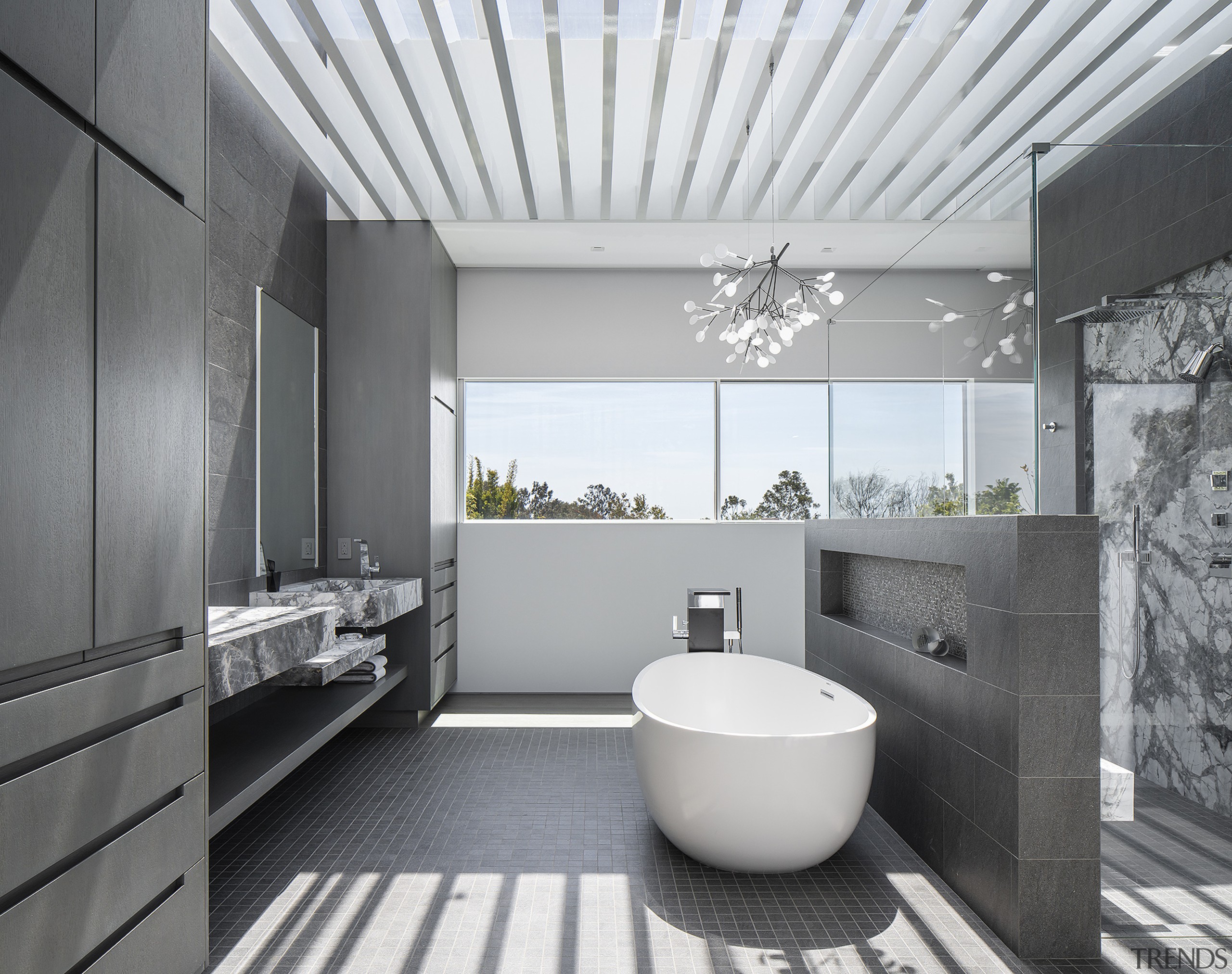 Master ensuite with glass roof and timber battens 