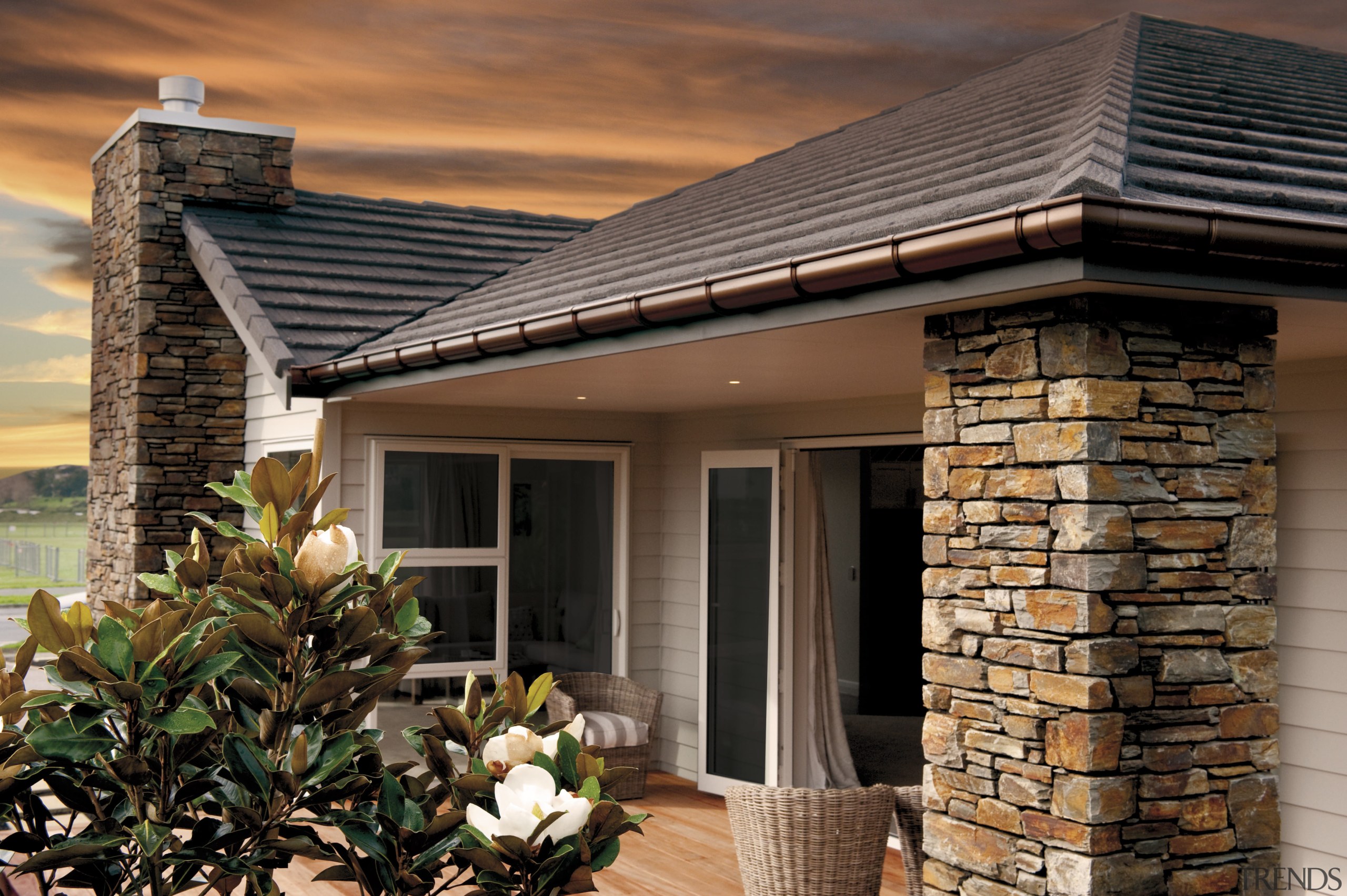 Here is a view of the new spouting estate, facade, home, house, outdoor structure, property, real estate, roof, siding, brown