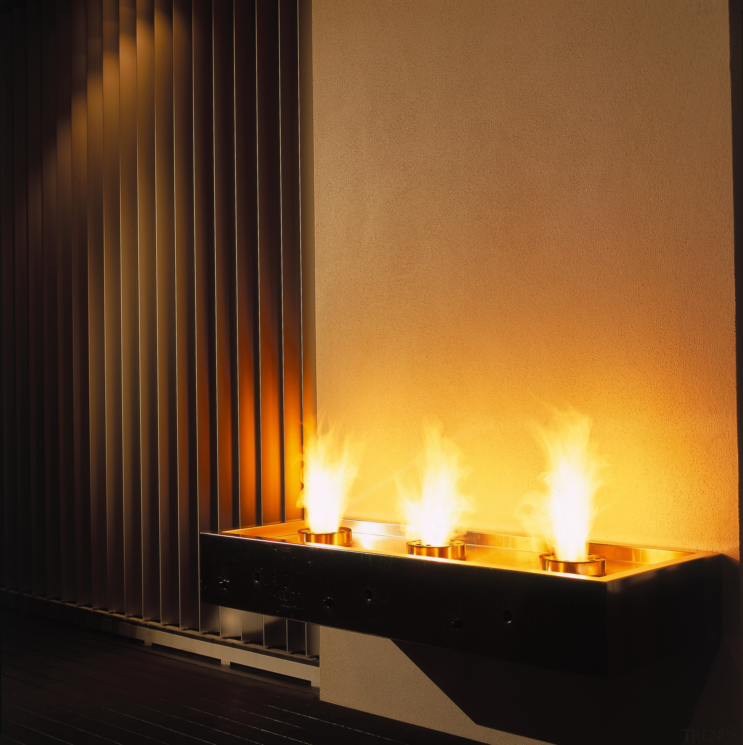 Outdoor gas flares on decking area. - Outdoor fireplace, flame, hearth, heat, interior design, black, brown