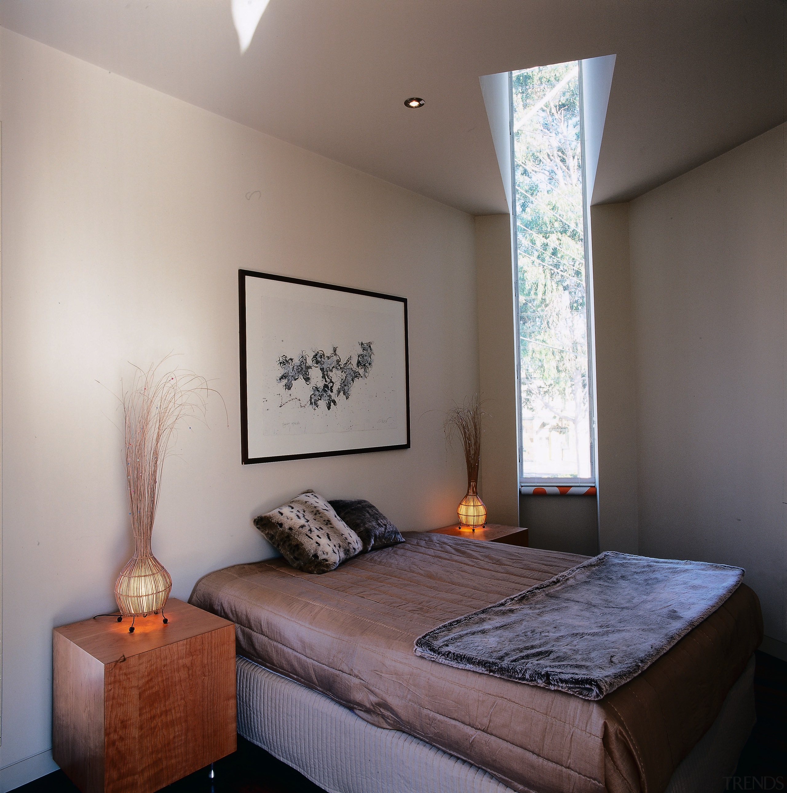 The view of a bedroom - The view bed, bed frame, bedroom, ceiling, floor, furniture, home, interior design, mattress, real estate, room, wall, window, gray