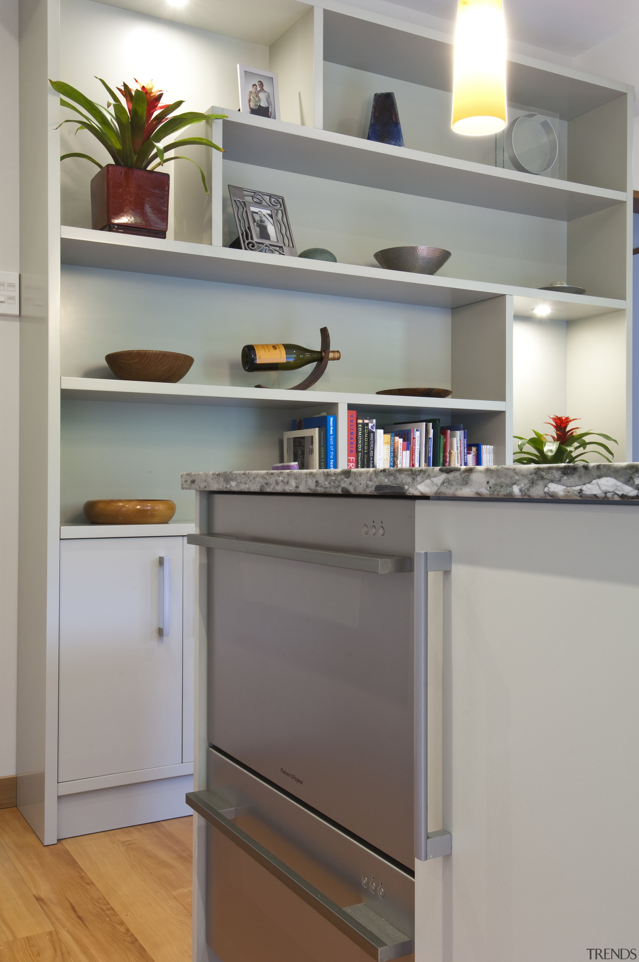 A new layout ensures views take priority.Mood lighting cabinetry, countertop, home appliance, interior design, kitchen, major appliance, refrigerator, room, shelf, shelving, gray