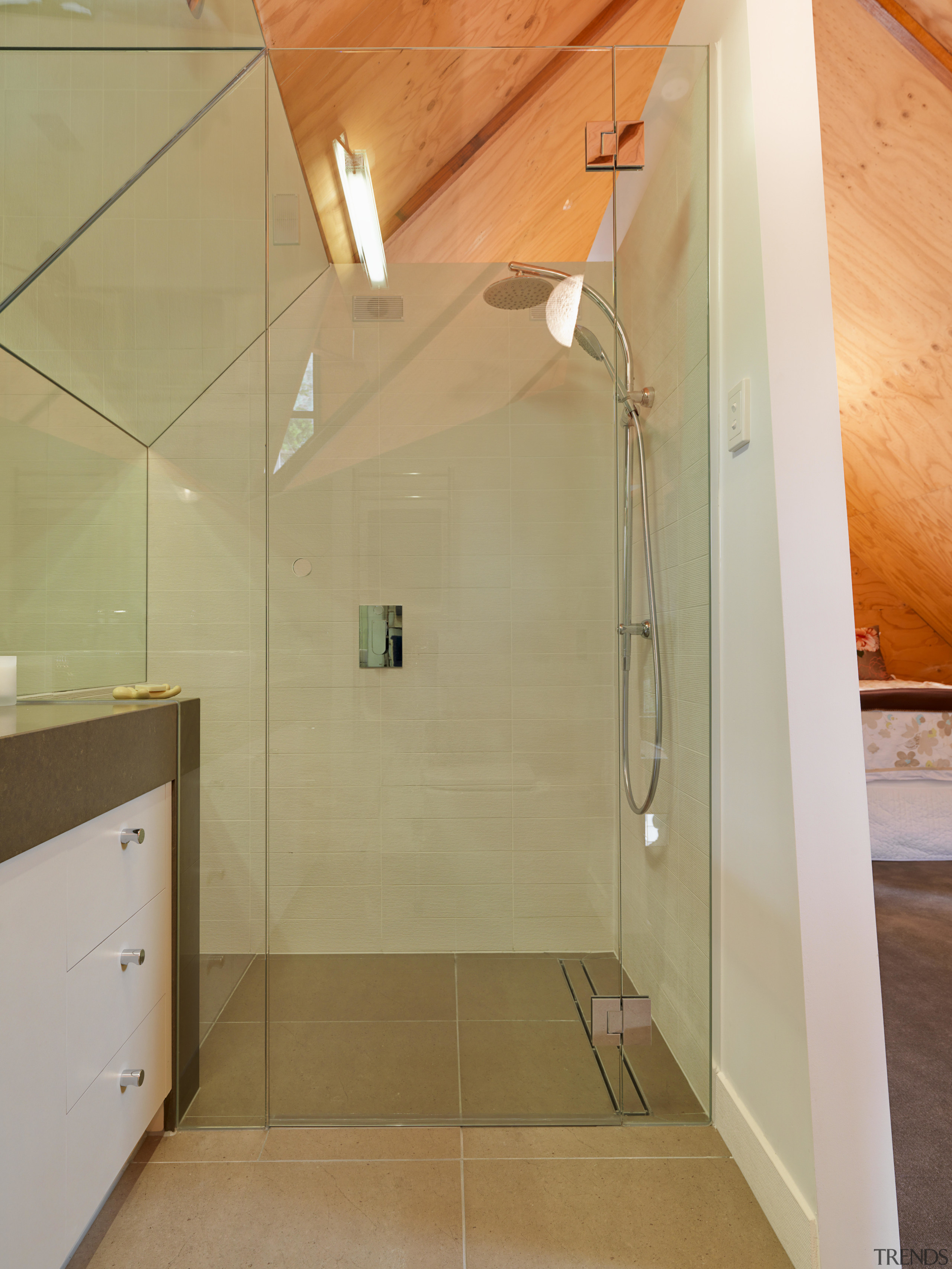 View of bathroom suite with angled openings - architecture, bathroom, ceiling, daylighting, floor, flooring, glass, home, house, interior design, plumbing fixture, property, real estate, room, shower, tile, wall, orange, brown