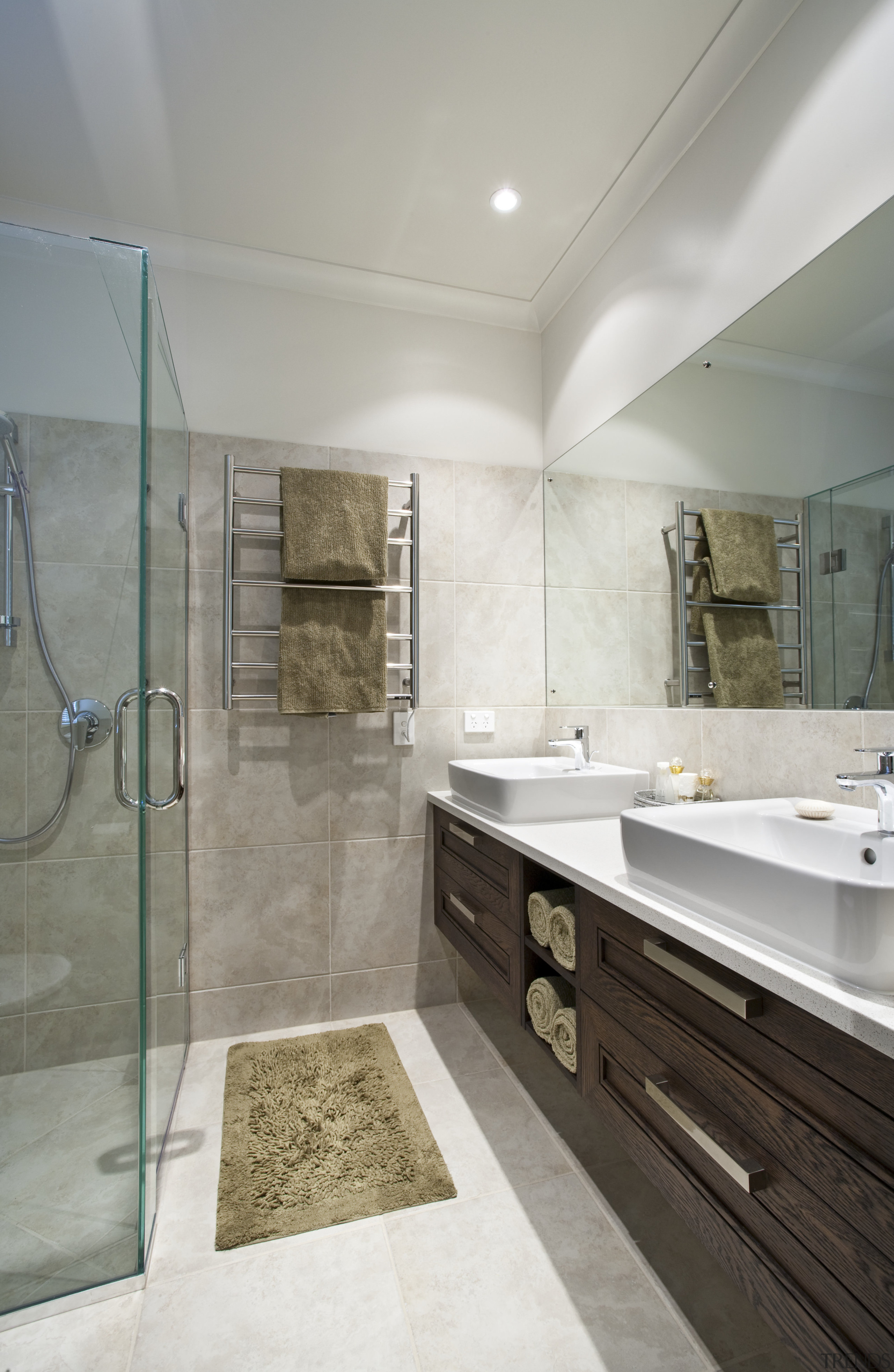 View of master bathroom which features floor and bathroom, countertop, floor, home, interior design, room, tile, gray