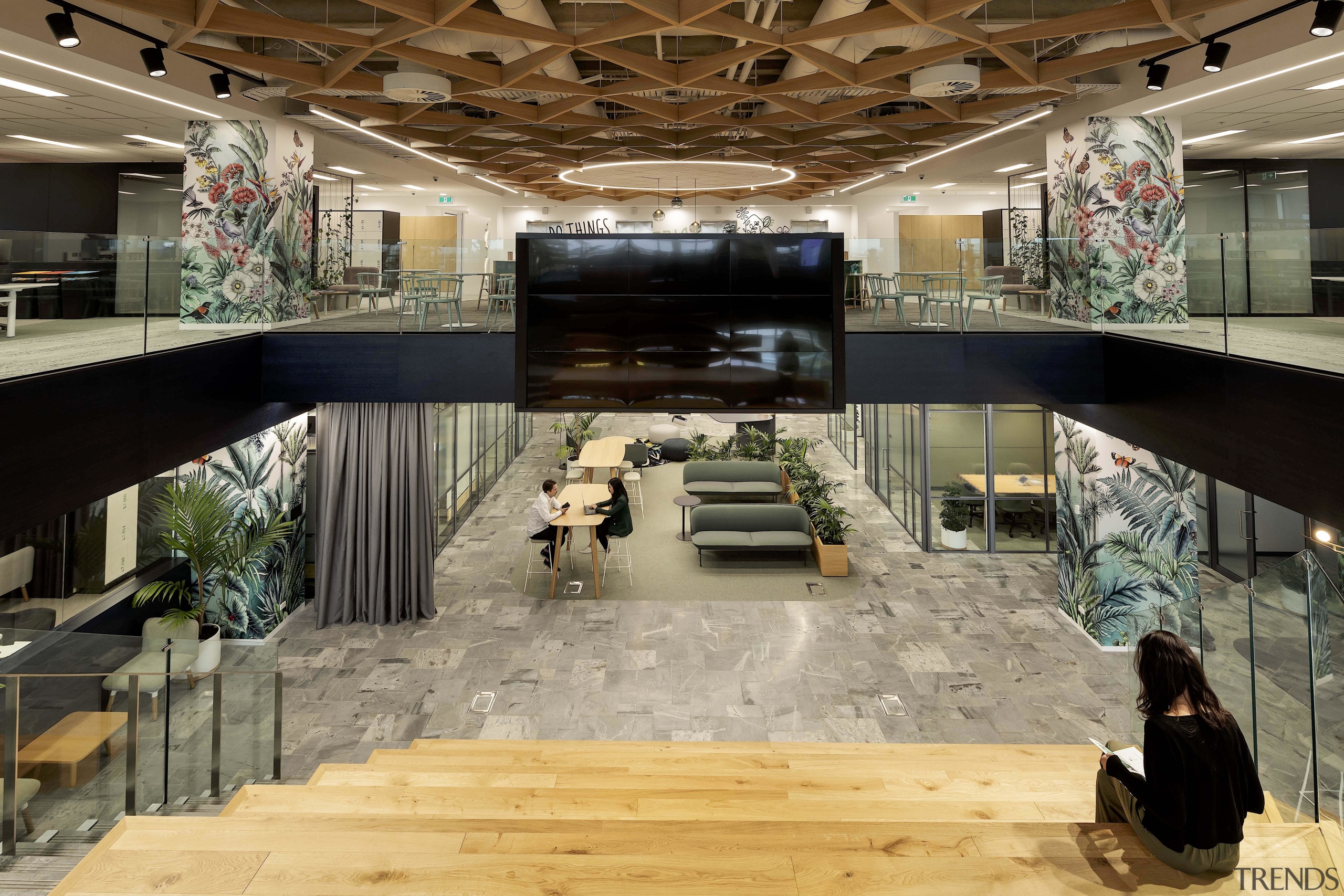This view of the auditorium stair shows the brown, gray