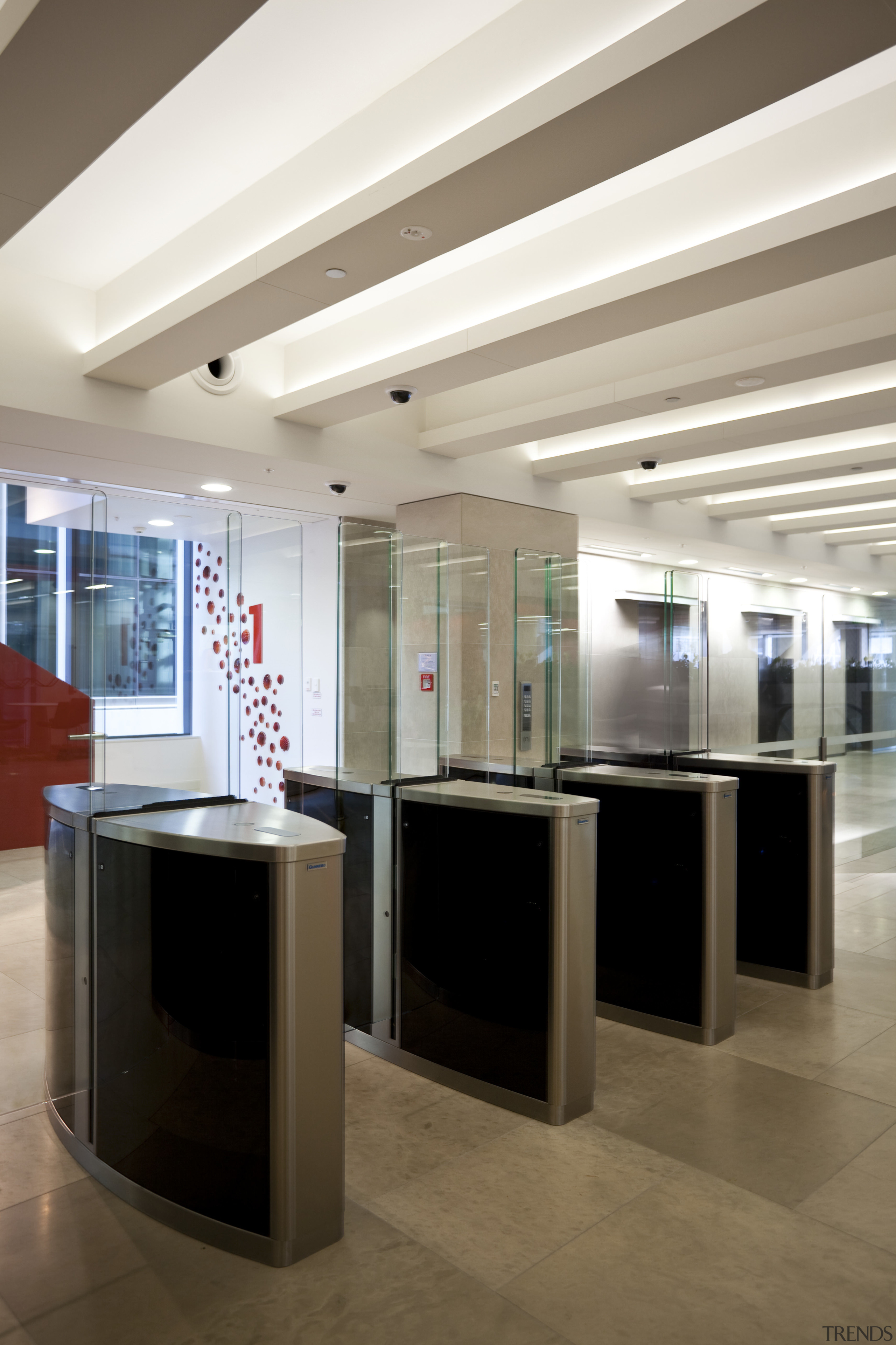 View of security systems in the NZI centre. ceiling, floor, interior design, lobby, white, brown