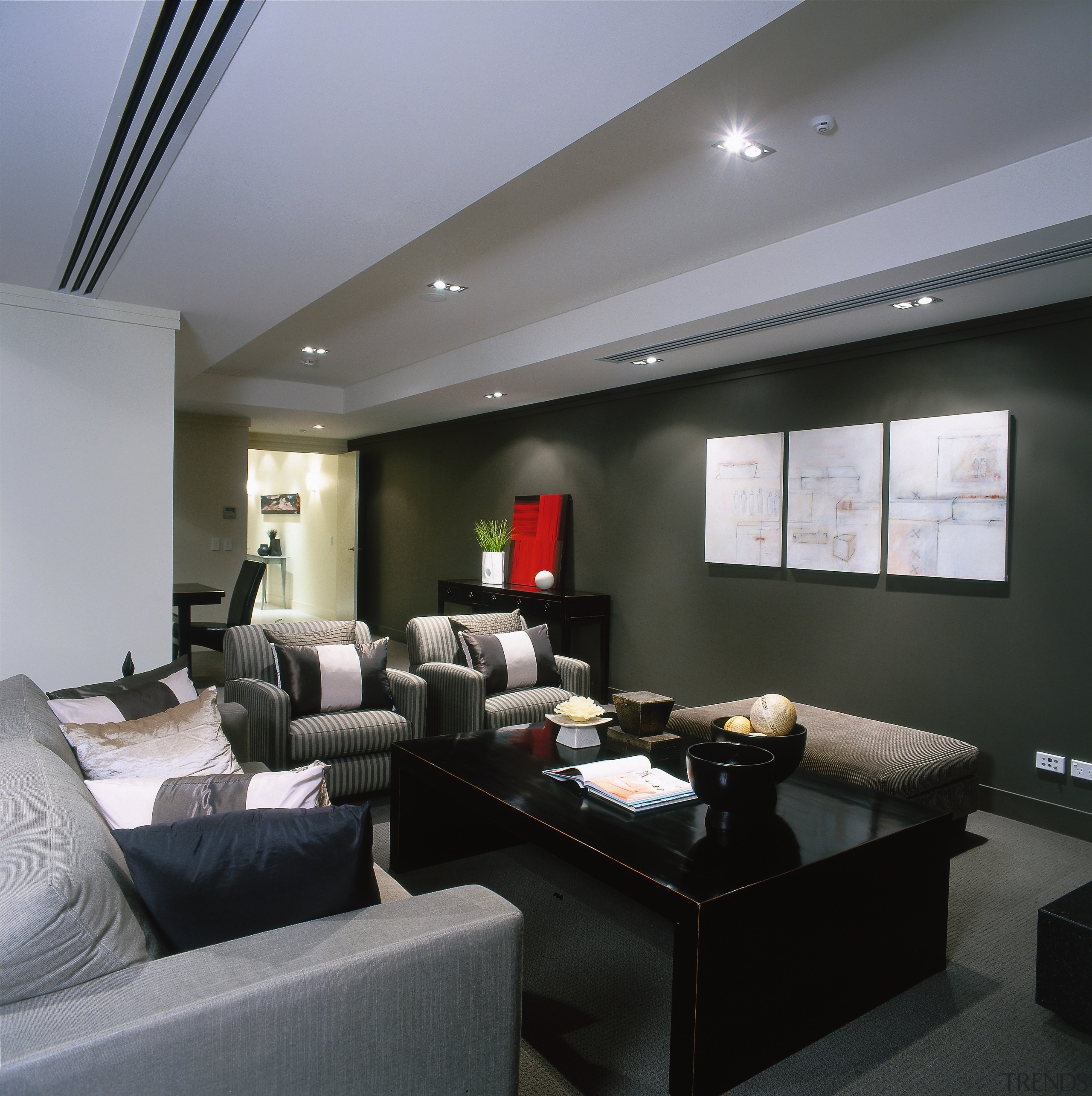 Lounge area with grey coloured sofa, black coffee ceiling, interior design, living room, real estate, room, gray, black