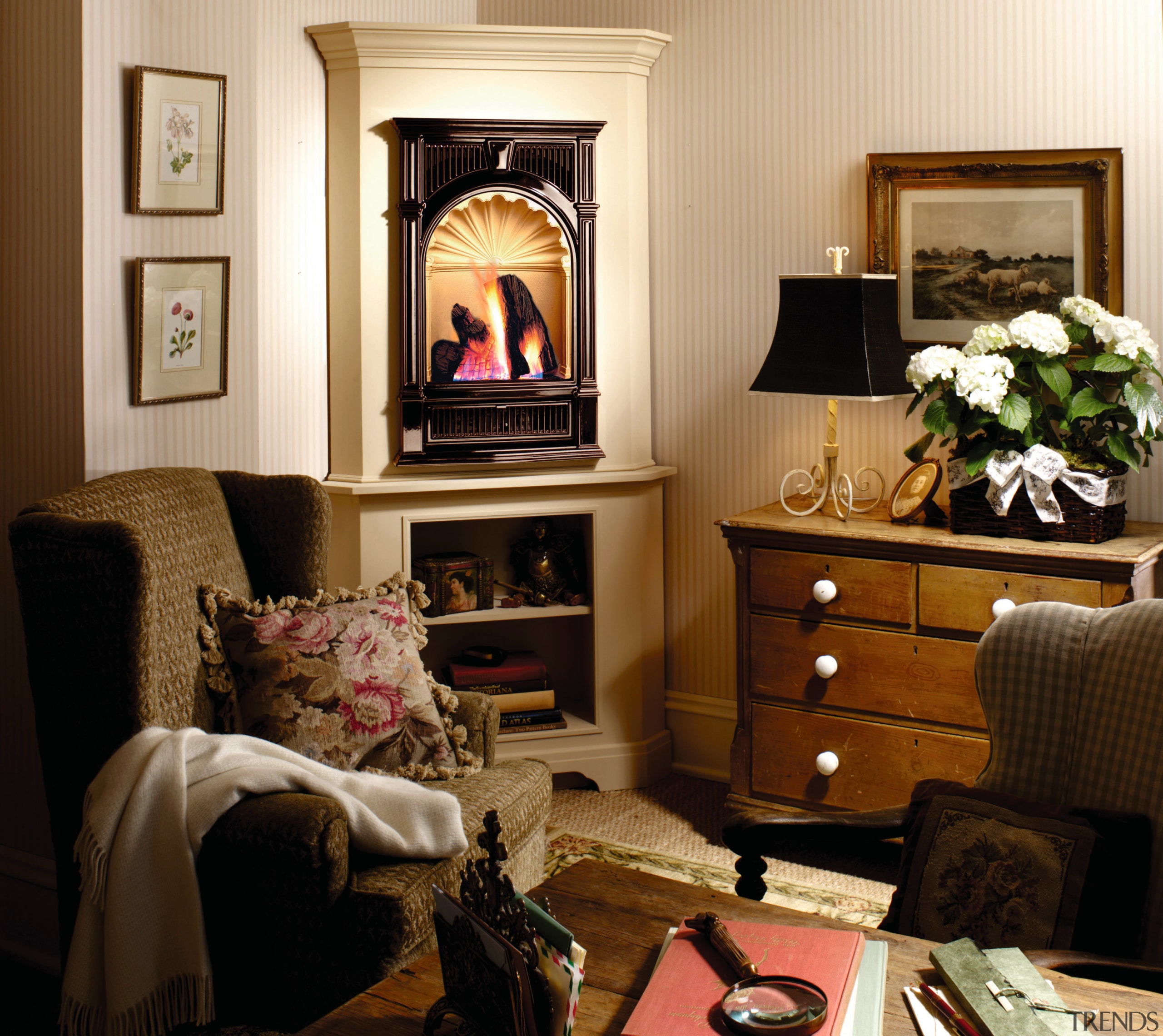 View of the fireplace within this home - furniture, home, interior design, living room, room, brown, orange, black