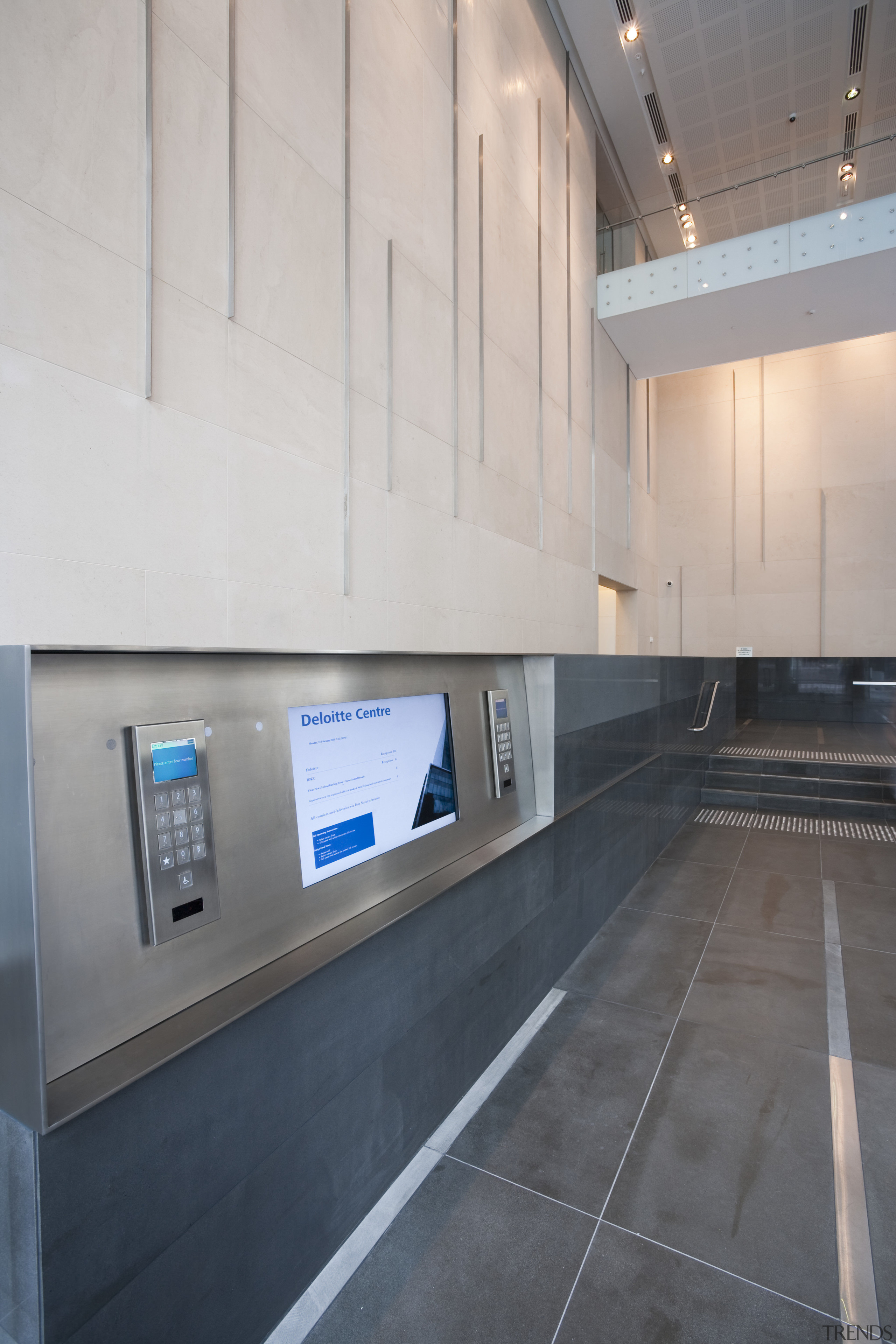 View of the elevators at the new Deloitte architecture, daylighting, floor, flooring, interior design, wall, gray