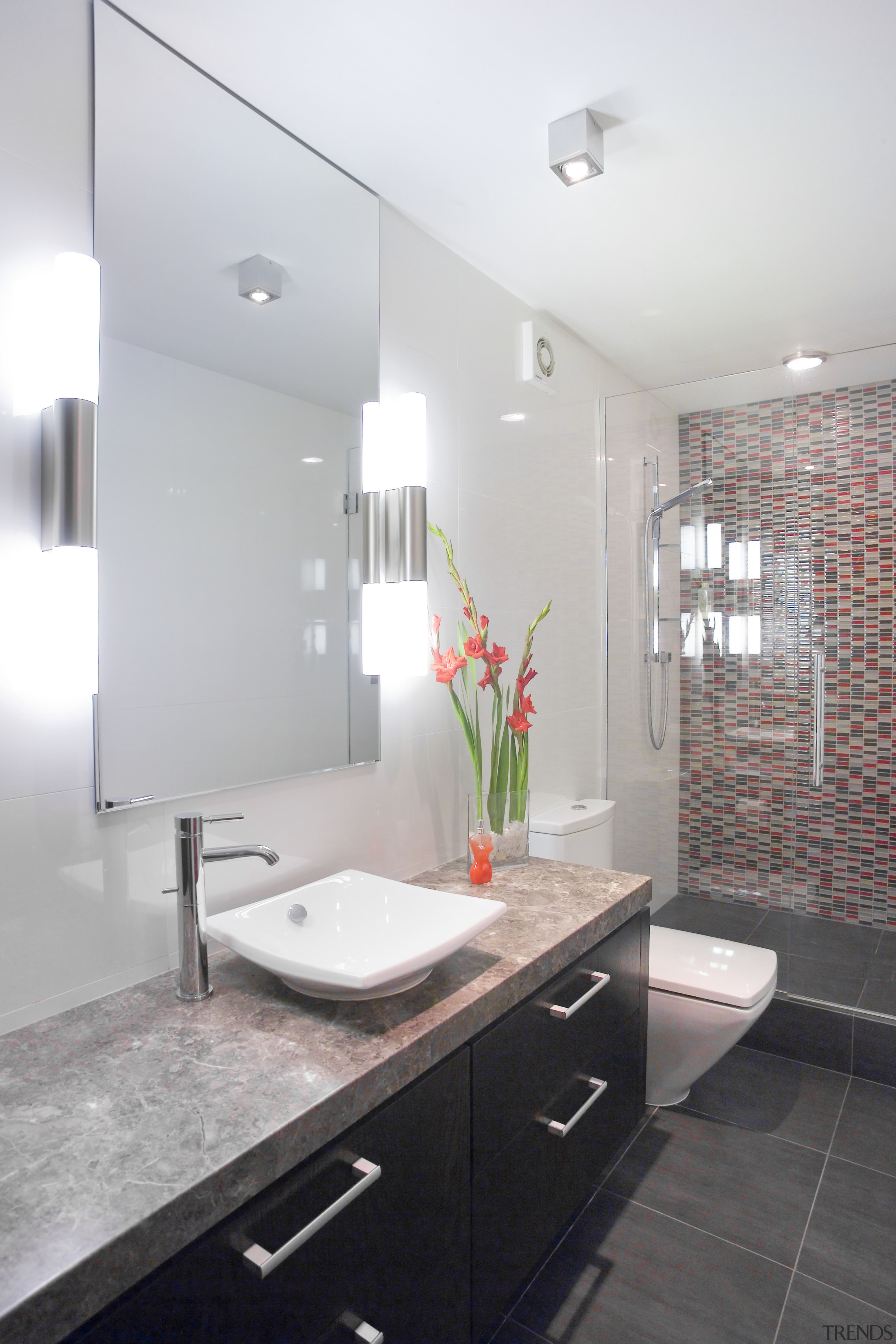 View of ensuite featuring tiled floor, vanity, basin, bathroom, countertop, home, interior design, property, real estate, room, sink, gray, white