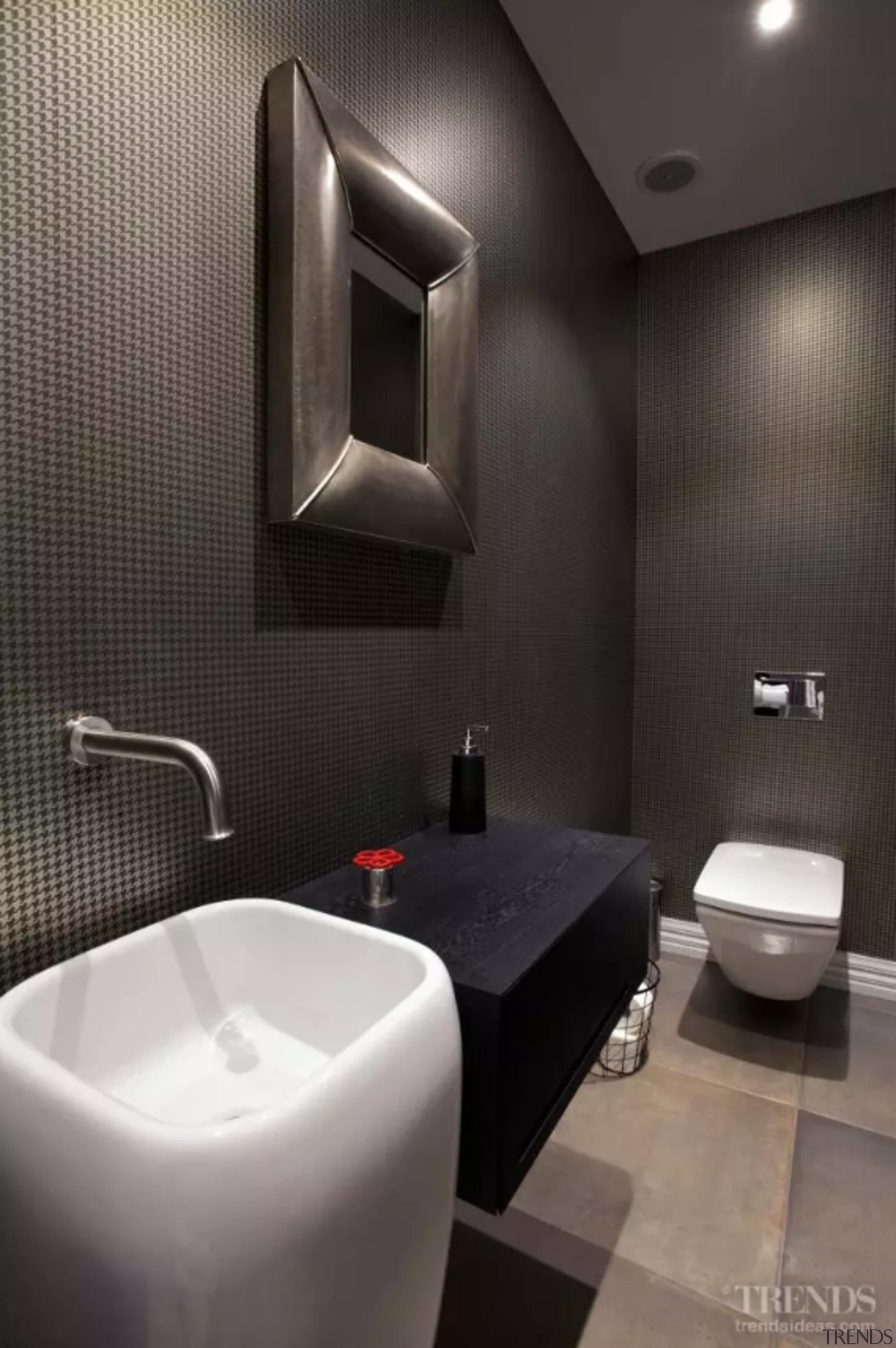 This powder room is a contemporary country house bathroom, ceiling, interior design, plumbing fixture, public toilet, room, toilet, wall, black, gray