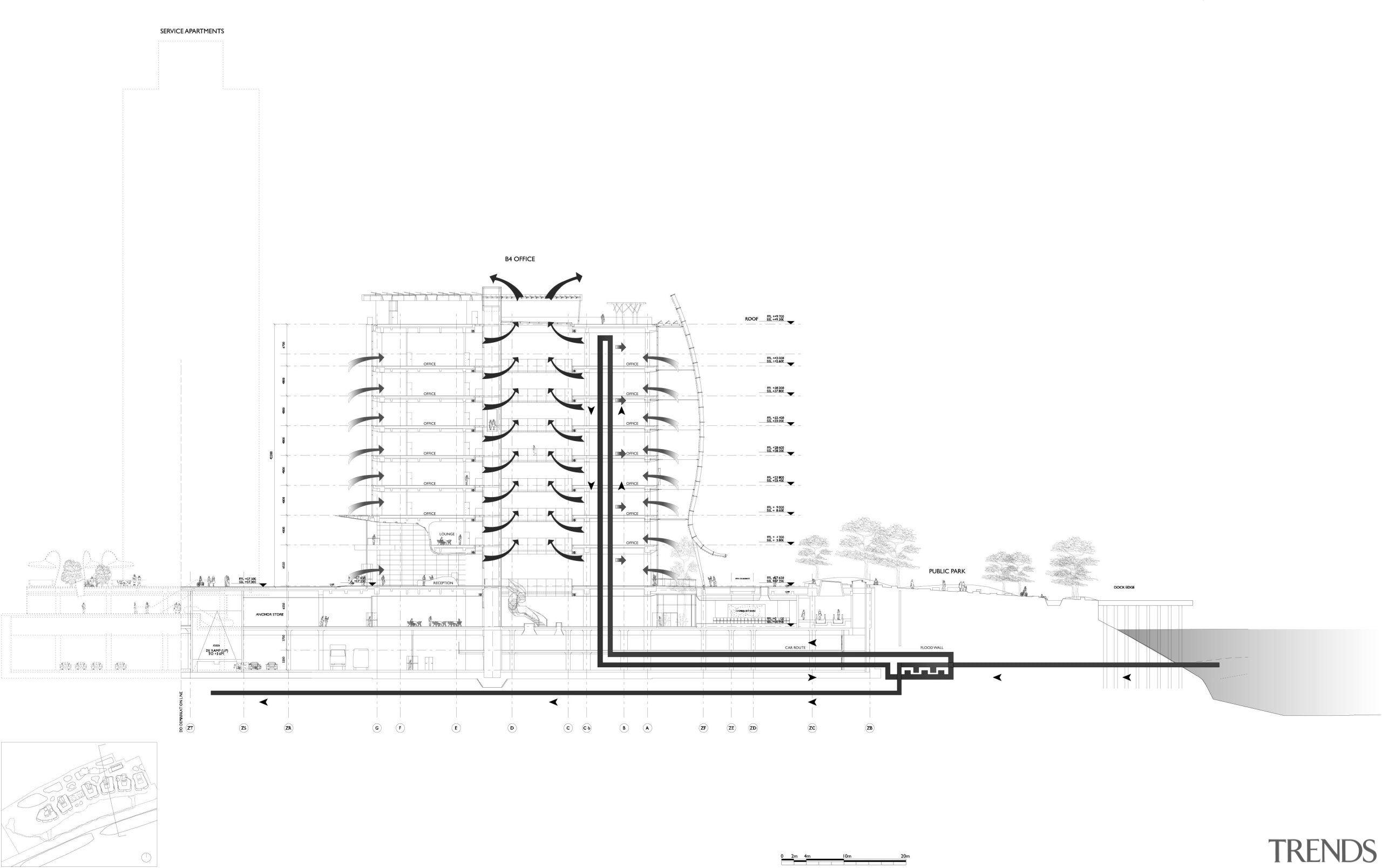 View of the Shanghai International Cruise Terminal. angle, area, black and white, diagram, elevation, font, line, plan, product design, structure, text, white