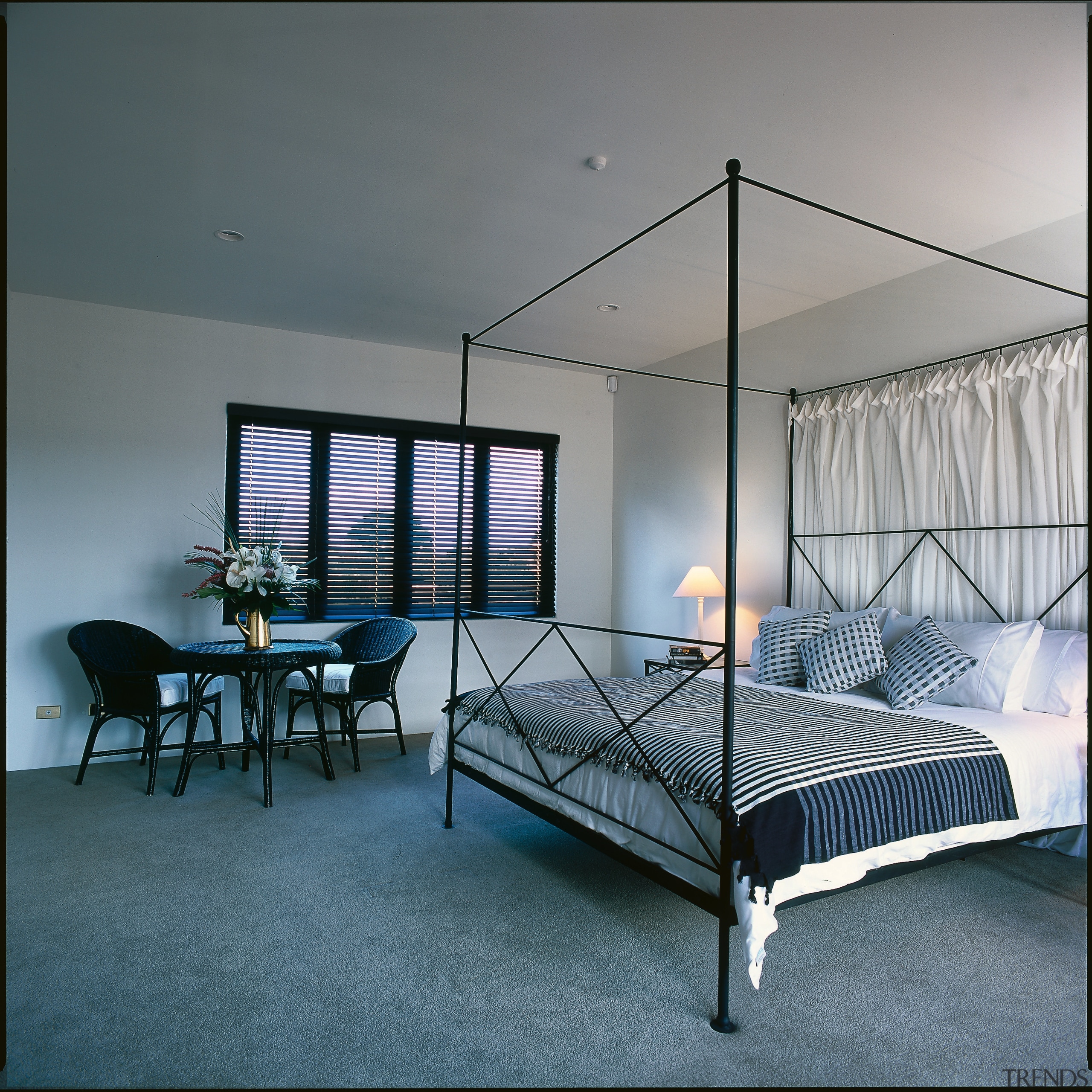 view of the bedroom showing the venetian blinds architecture, bed, bed frame, bedroom, furniture, interior design, window, gray