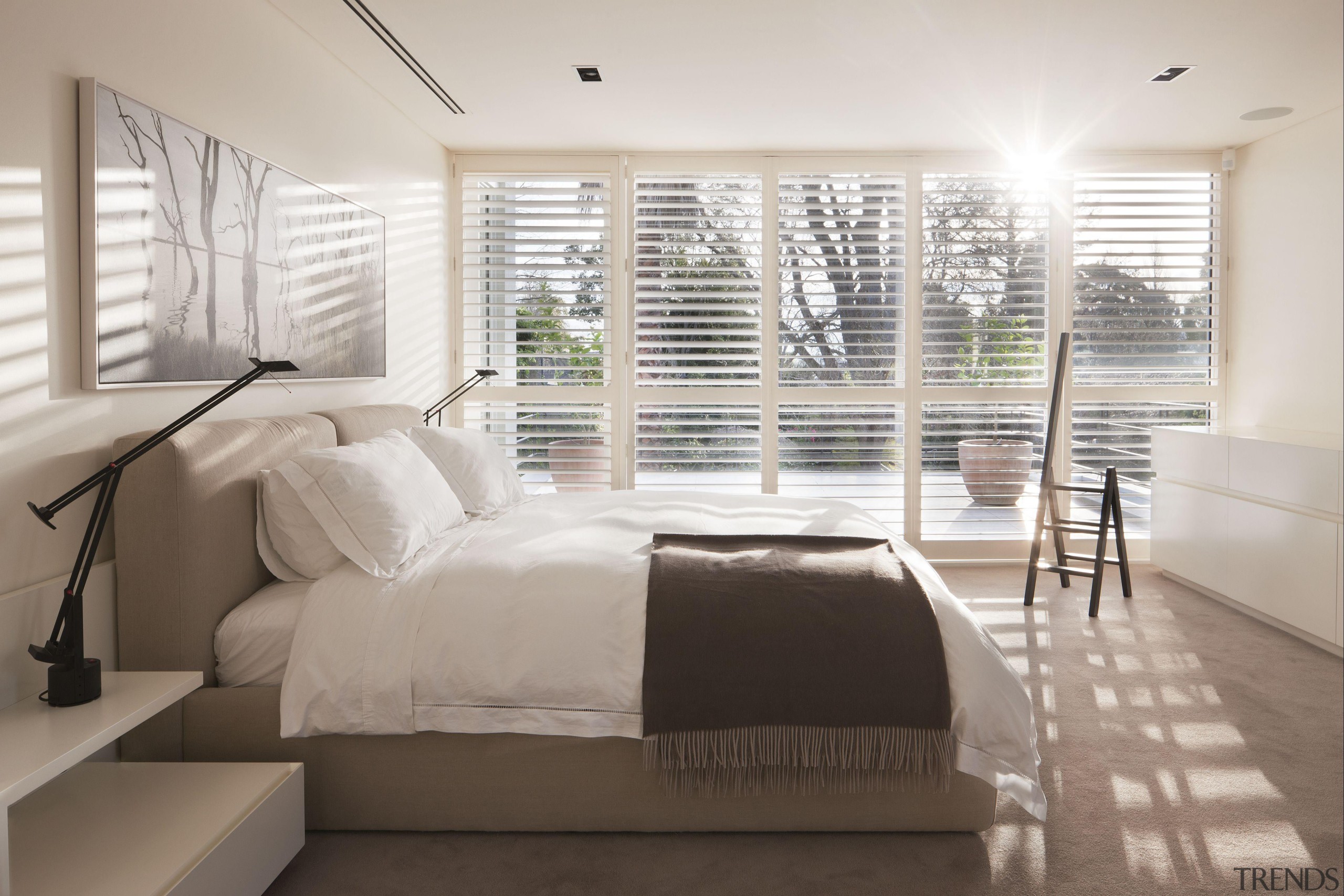 Mistique is a luxurious plush pile offering a architecture, bed frame, bedroom, ceiling, daylighting, floor, home, interior design, real estate, room, window, window covering, window treatment, wood, gray