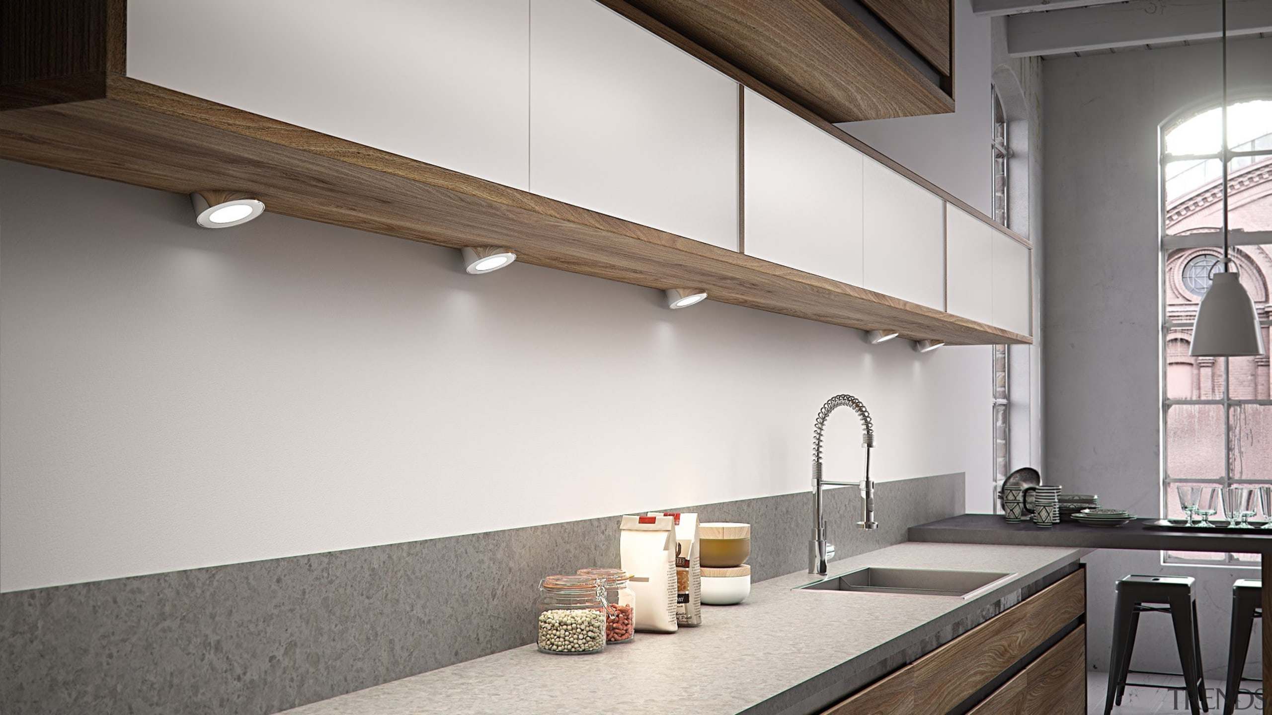 ​​​​​​​DOMUS LINE Atom 24Vdc Spotlight with Angled Spacer&nbsp;Atom architecture, ceiling, countertop, daylighting, interior design, kitchen, white, gray