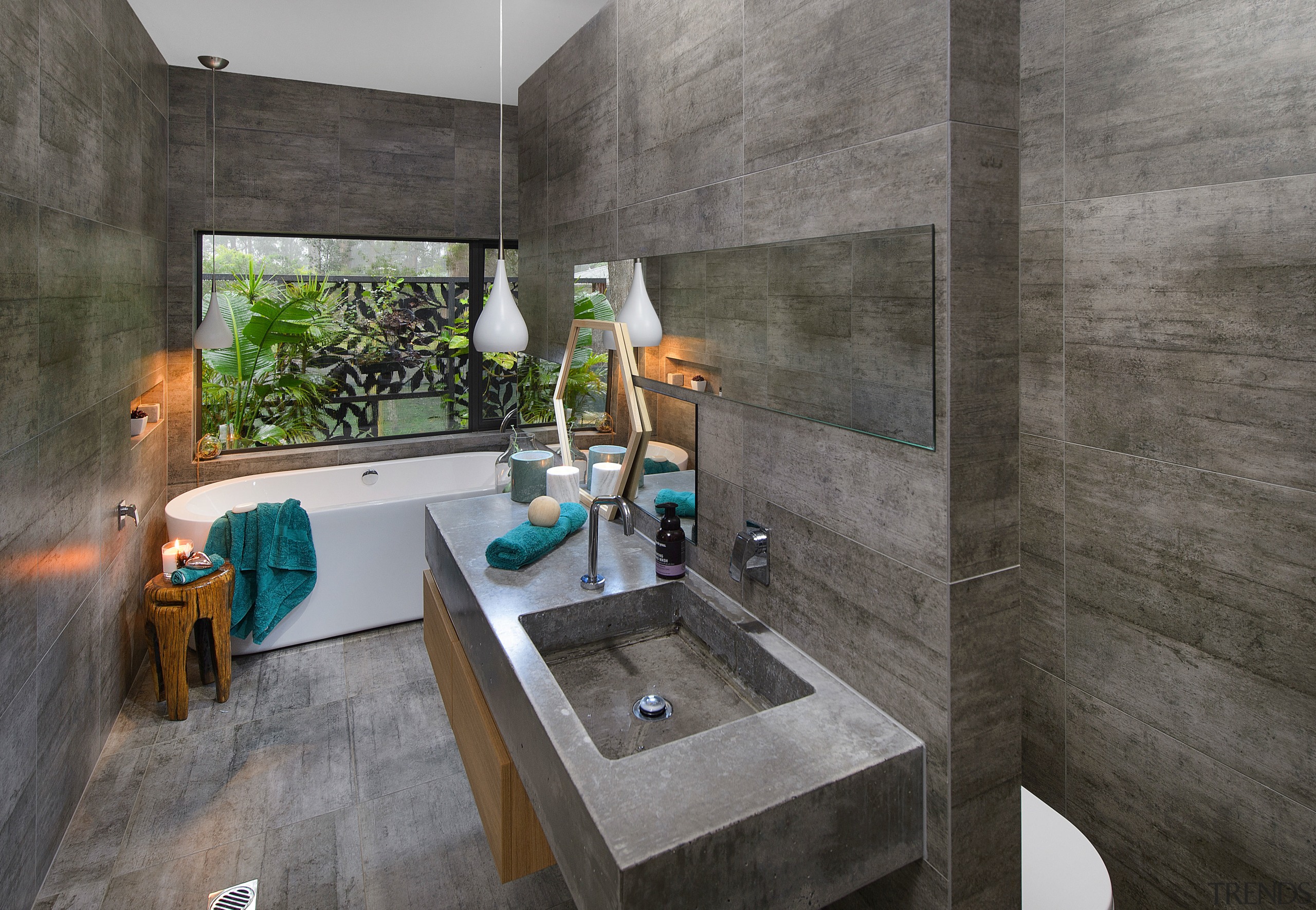 Concrete-look tiles on floors and walls create a architecture, bathroom, interior design, real estate, room, gray, black