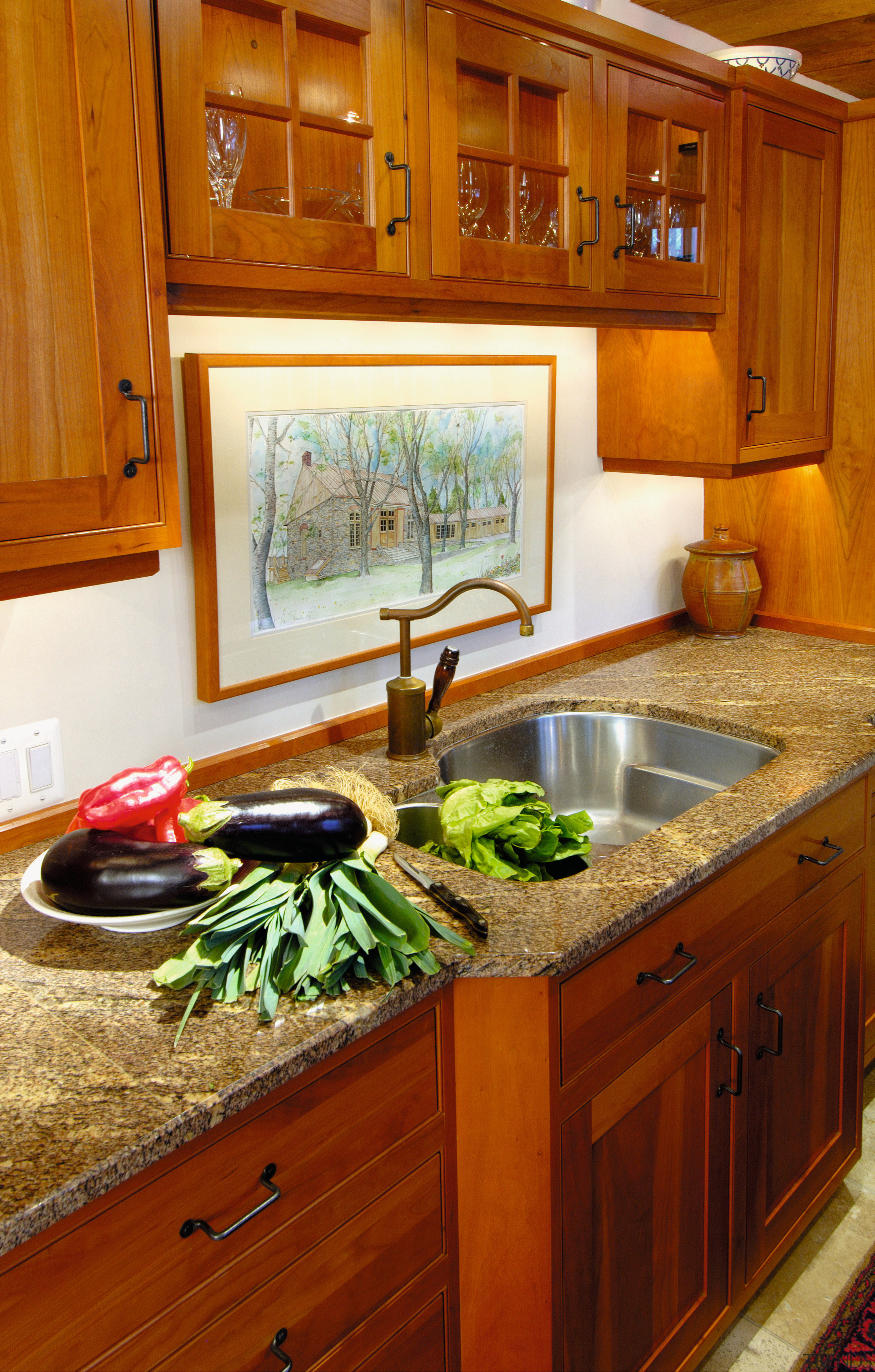 view of the stainless sink shaped in a cabinetry, countertop, cuisine classique, home, interior design, kitchen, room, under cabinet lighting, brown