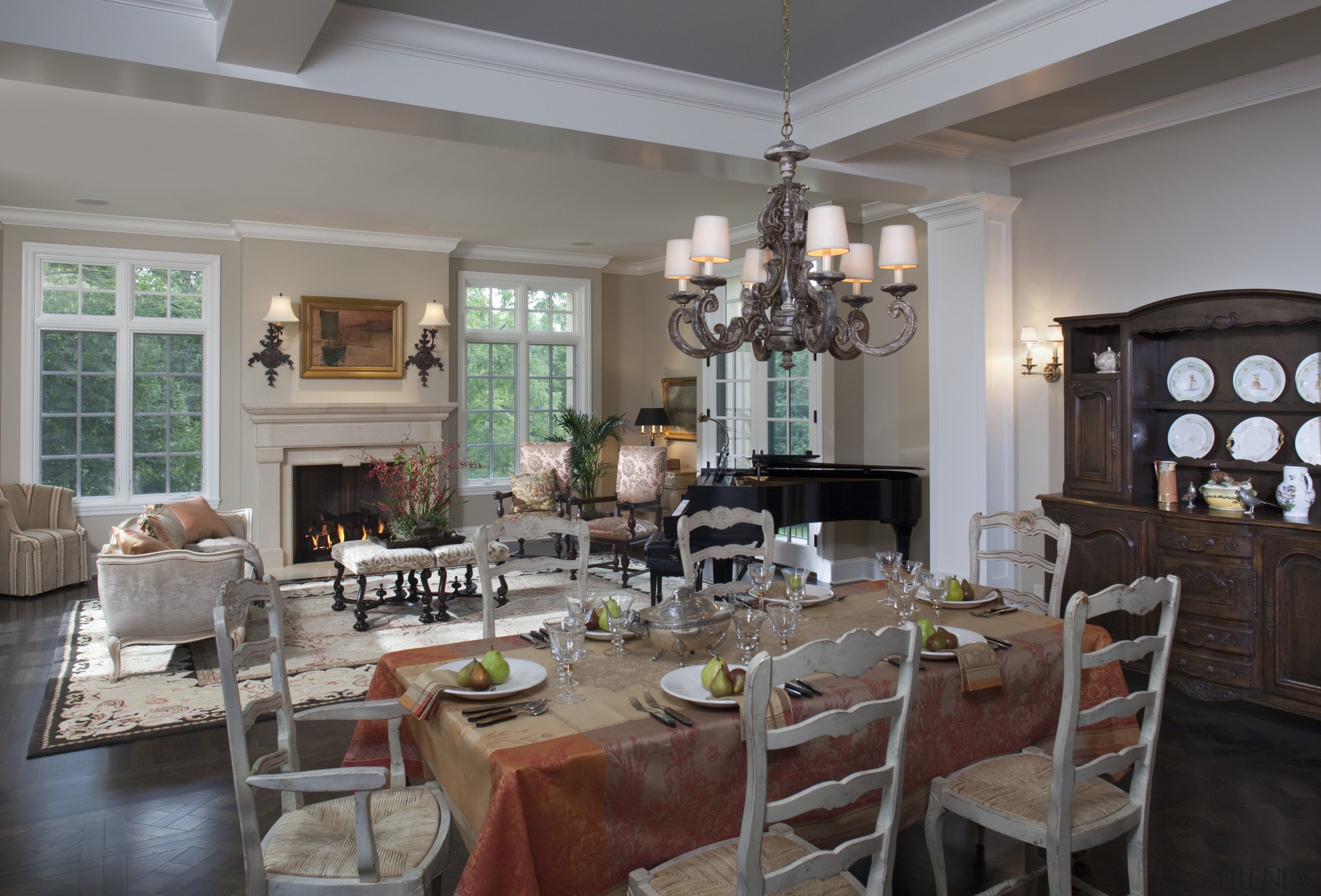 White walls and crown mouldings. Neutral furniture colours. dining room, furniture, home, interior design, kitchen, living room, room, table, gray