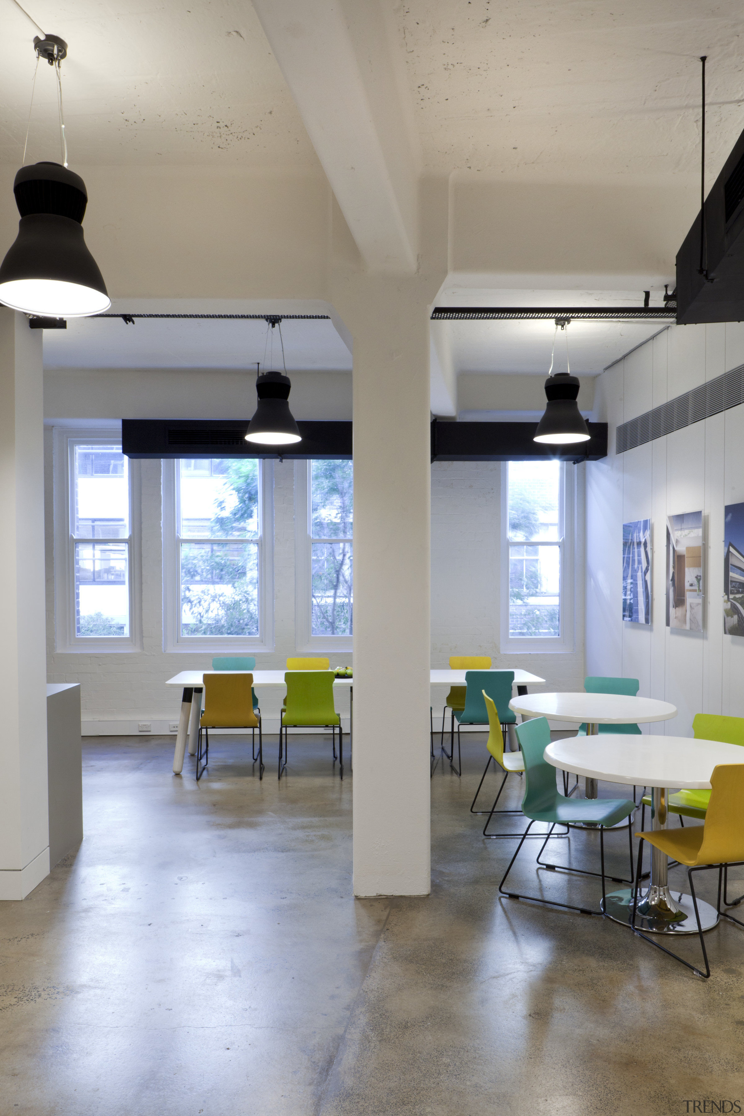 Colourful seating and existing windows overlooking the tree-lined architecture, ceiling, daylighting, floor, flooring, furniture, interior design, loft, table, gray