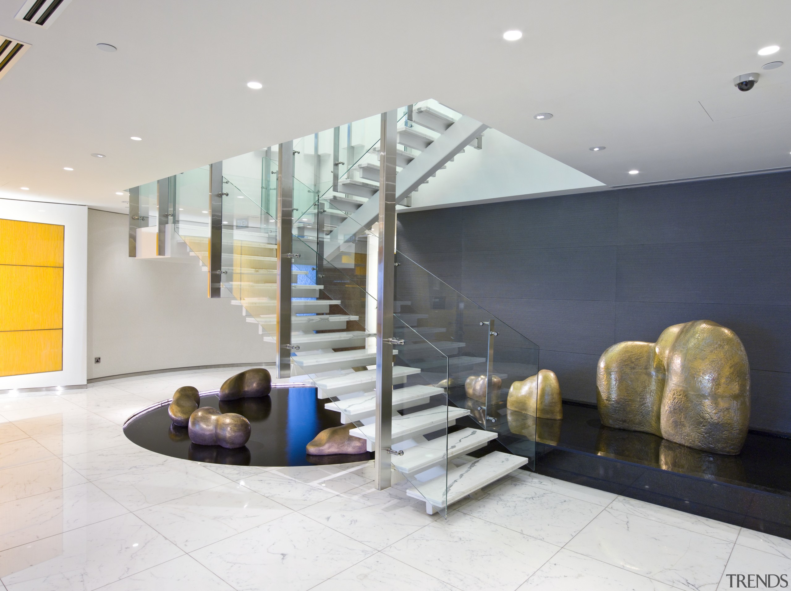 View of stairway with glass balustrade and stainless ceiling, floor, interior design, lobby, real estate, white