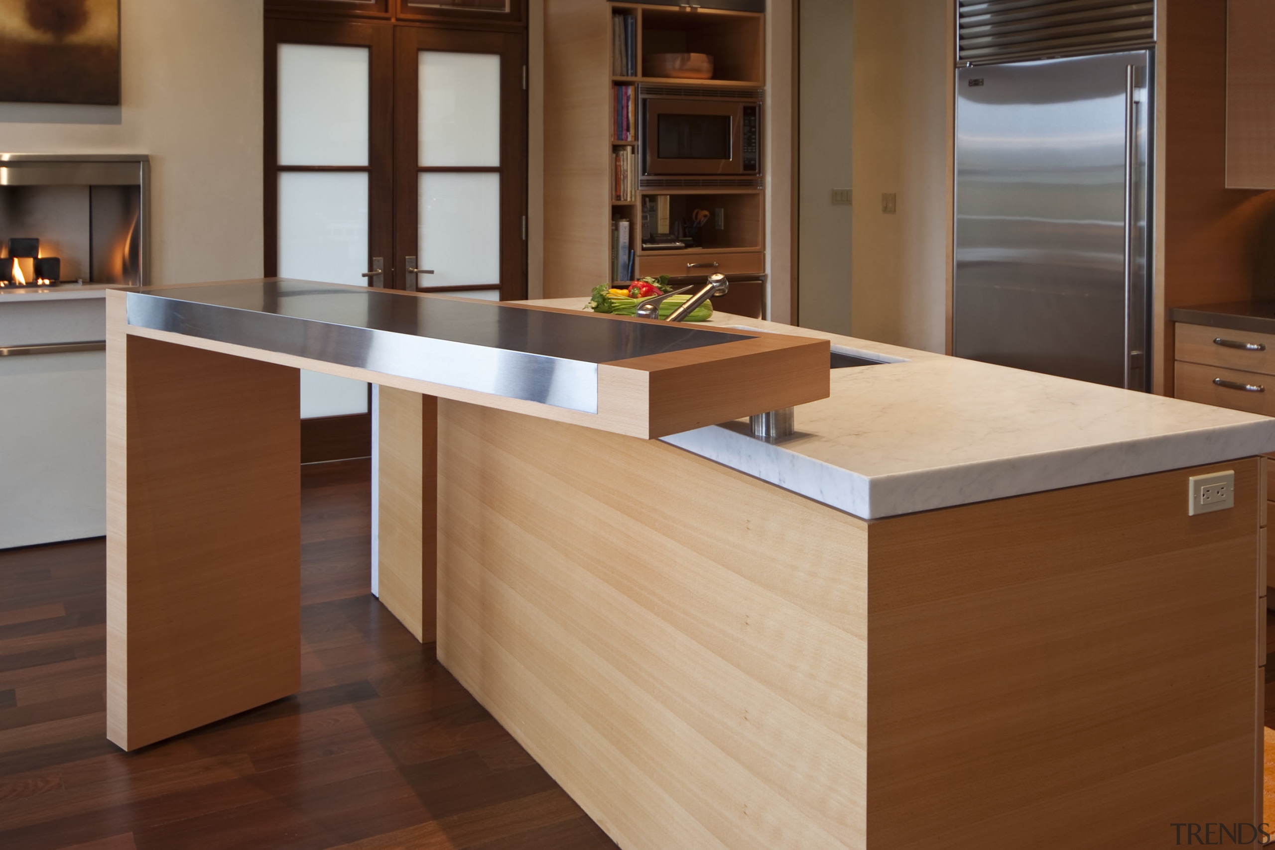 Contemporary kitchen features pivoting benchtop, bright pantry &amp; cabinetry, countertop, cuisine classique, floor, flooring, furniture, hardwood, interior design, kitchen, laminate flooring, plywood, wood, wood flooring, wood stain, brown