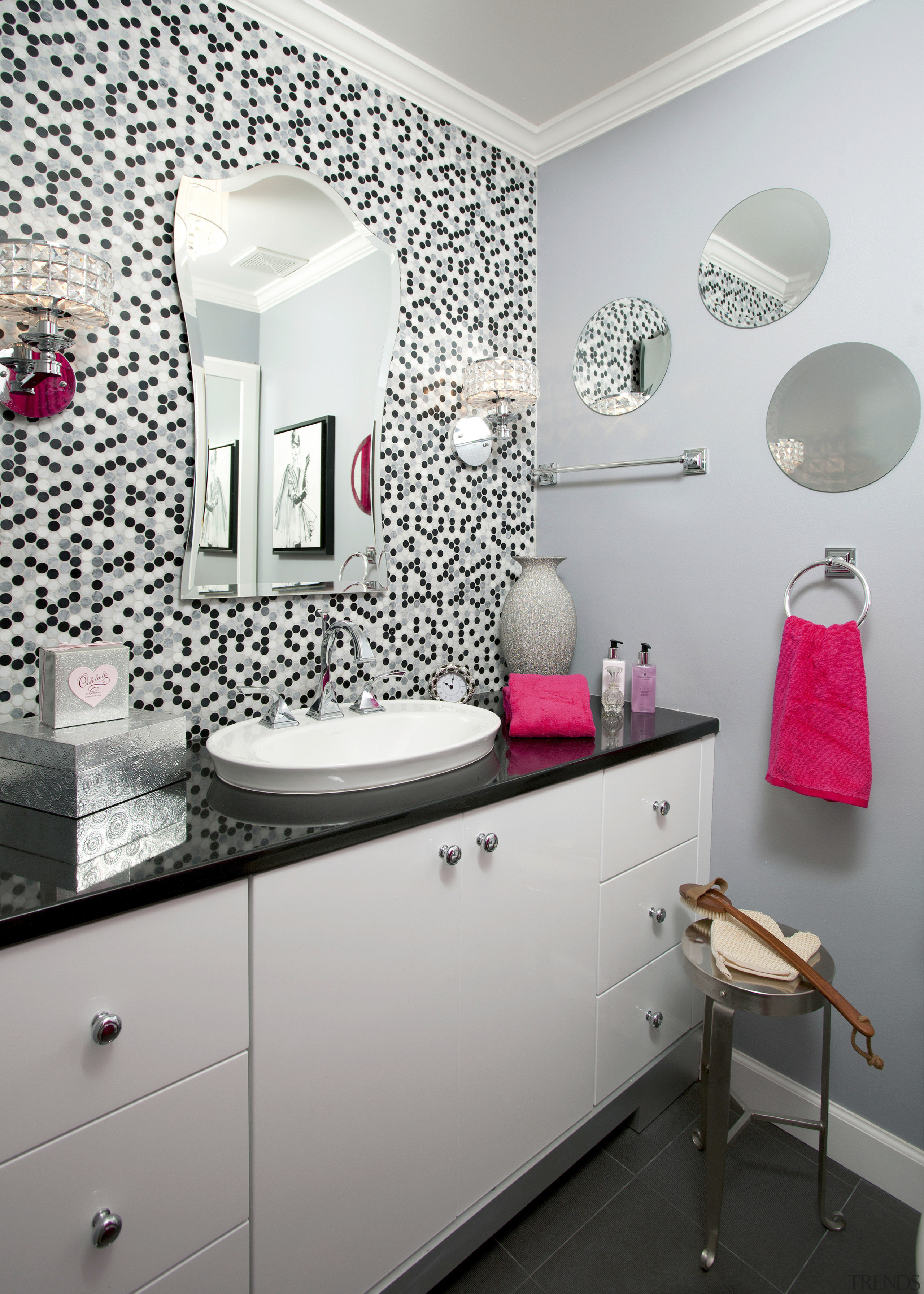 View of contemporary bahtroom with mosaic splashback and bathroom, ceiling, home, interior design, product design, purple, room, wall, gray, white