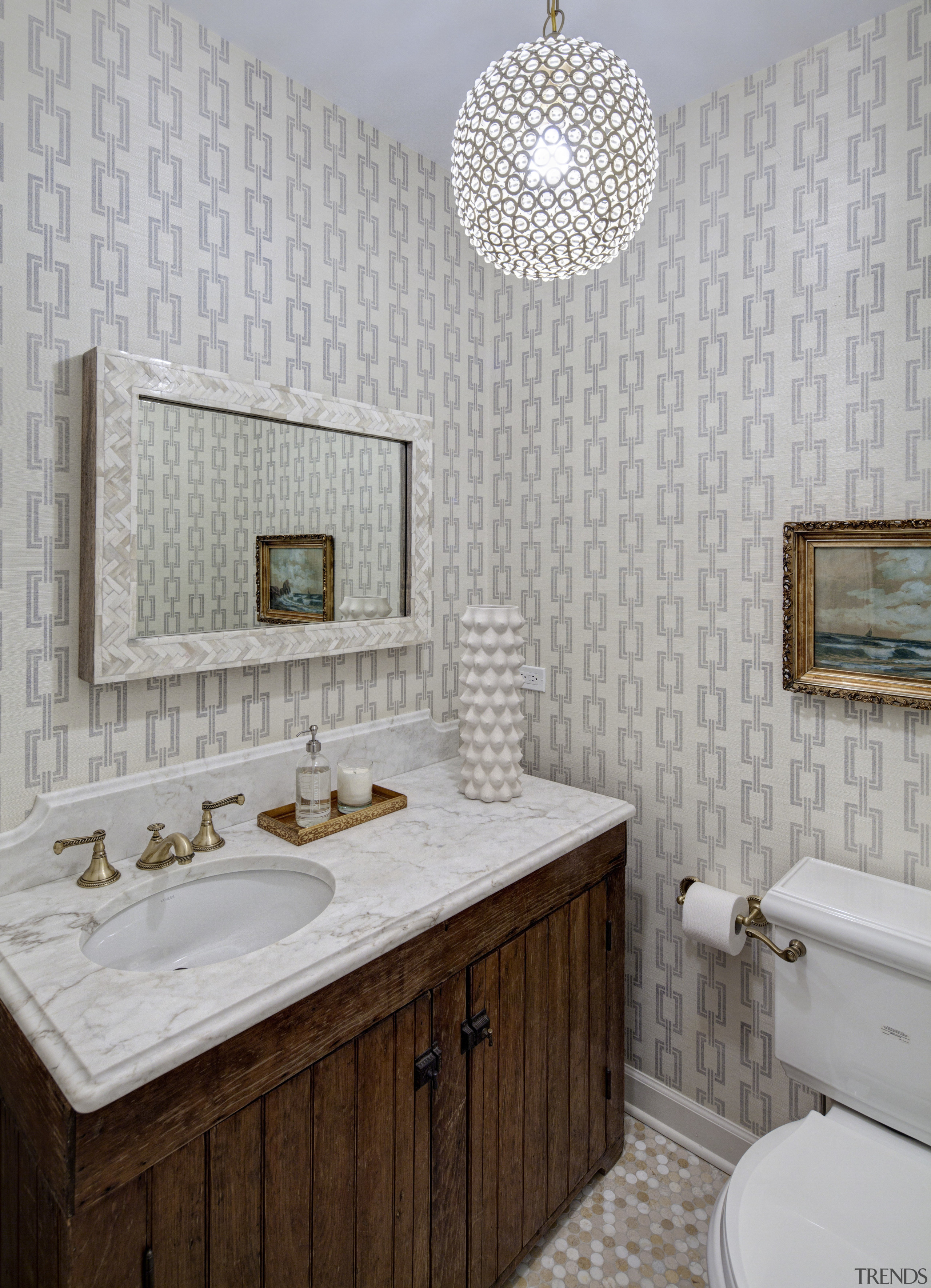 Powder room in modern urban interior - Powder bathroom, bathroom accessory, floor, flooring, home, interior design, plumbing fixture, room, sink, tile, wall, gray