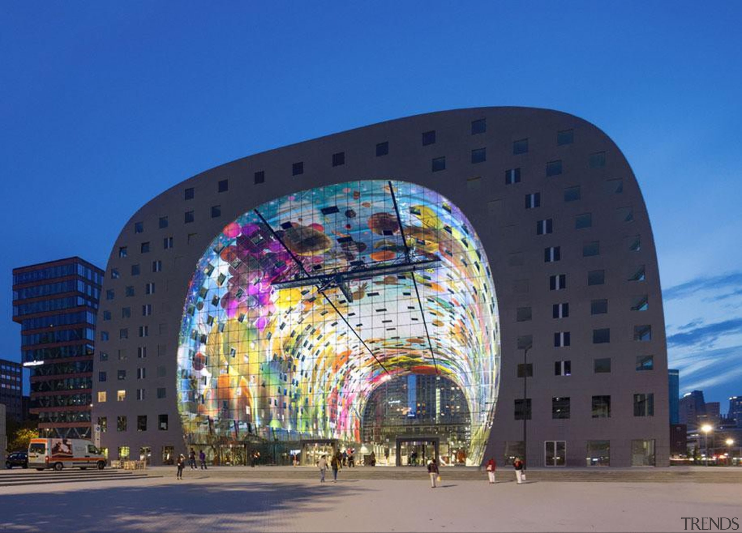 The Markthal Rotterdam is a market hall unlike arch, architecture, building, city, corporate headquarters, daytime, downtown, facade, landmark, metropolis, metropolitan area, plaza, sky, structure, tourist attraction, blue