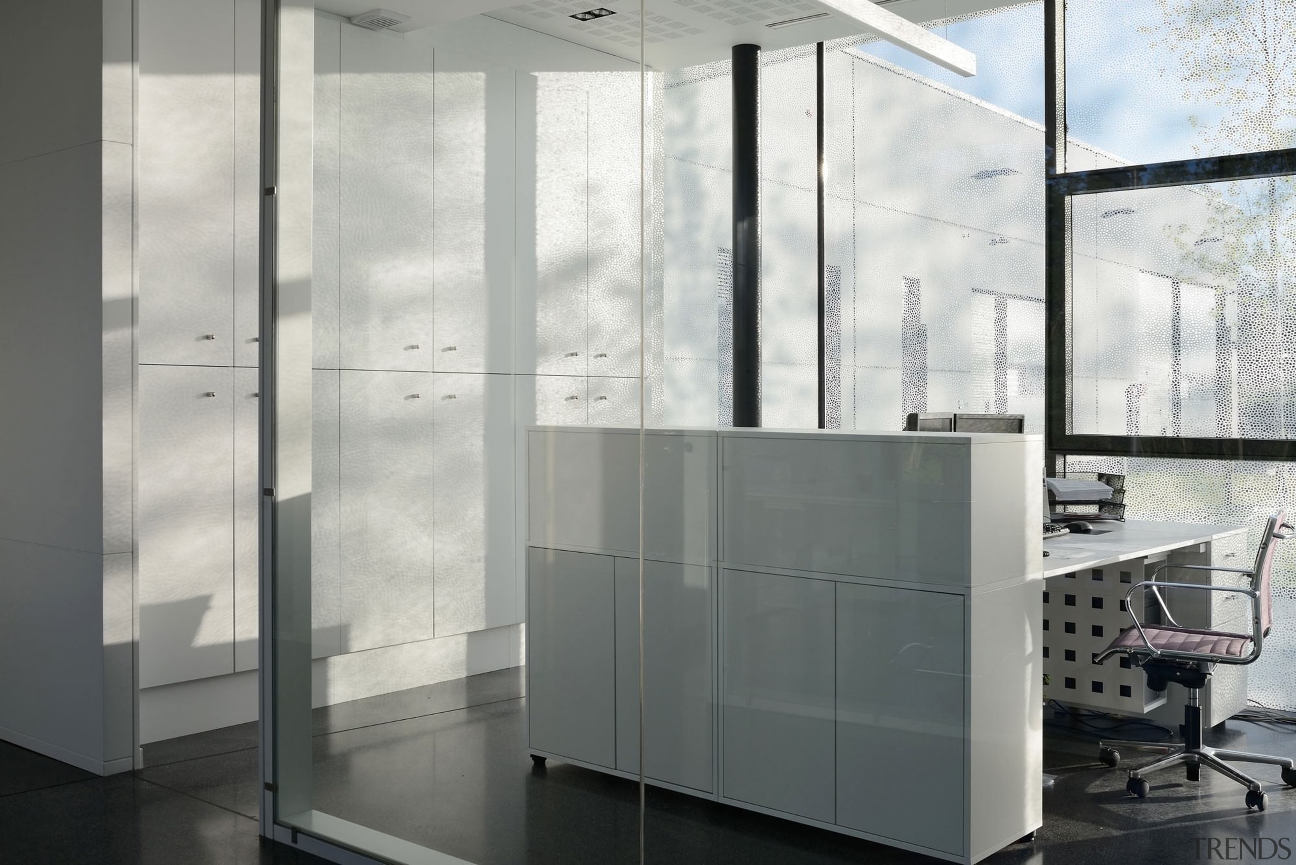 Inside, the offices are clean and bright - architecture, floor, glass, interior design, product design, wall, white, gray