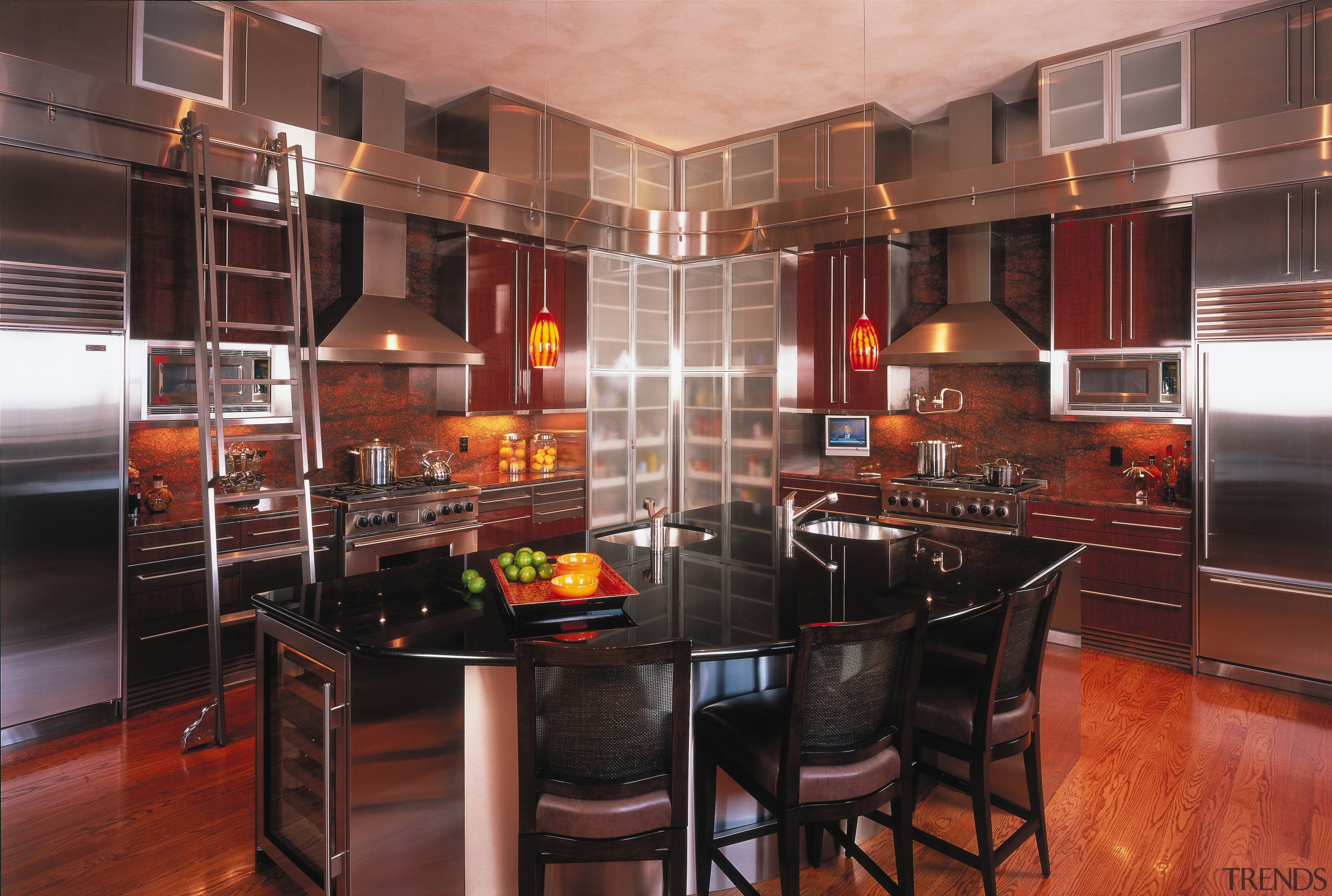 A view of a kitchen, wooden flooring, stools cabinetry, countertop, cuisine classique, dining room, interior design, kitchen, room, red, black