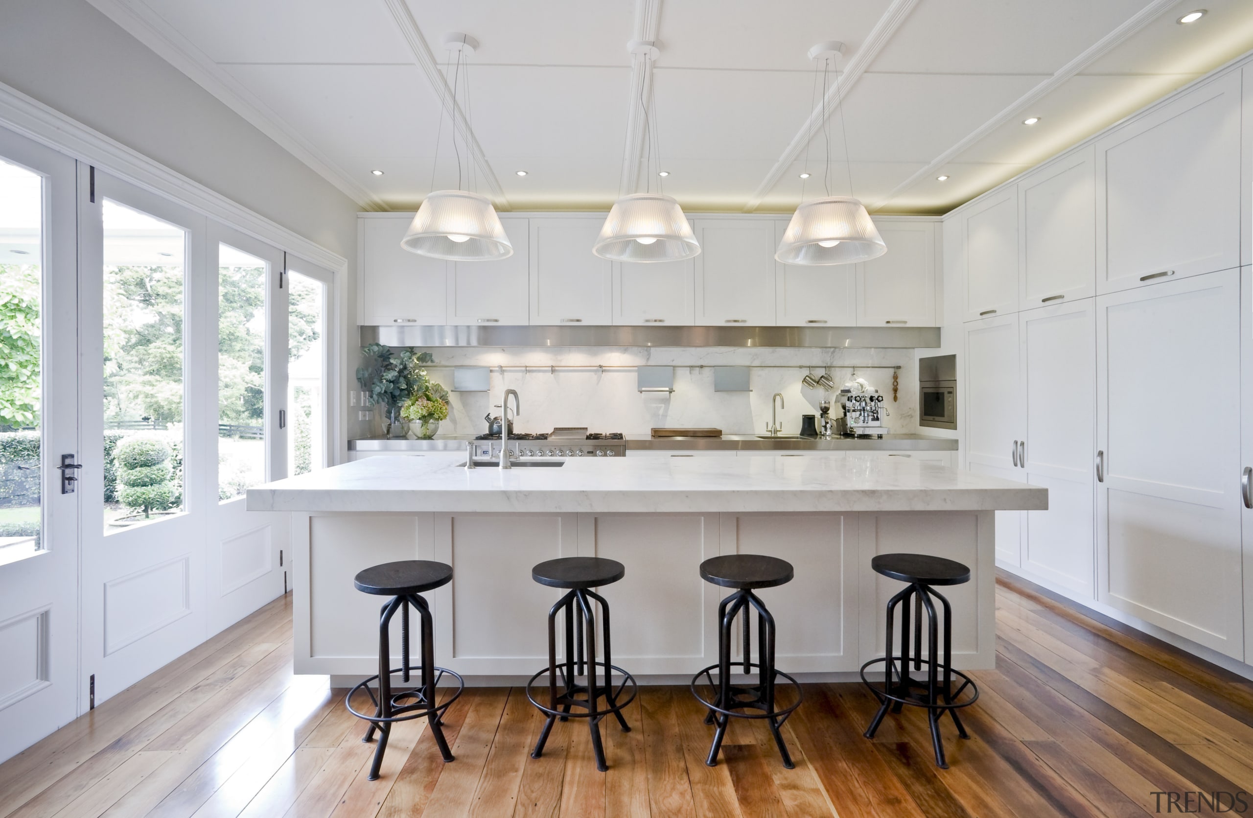 Positioning the island in this new kitchen at ceiling, countertop, daylighting, dining room, floor, flooring, interior design, kitchen, real estate, room, window, wood flooring, gray