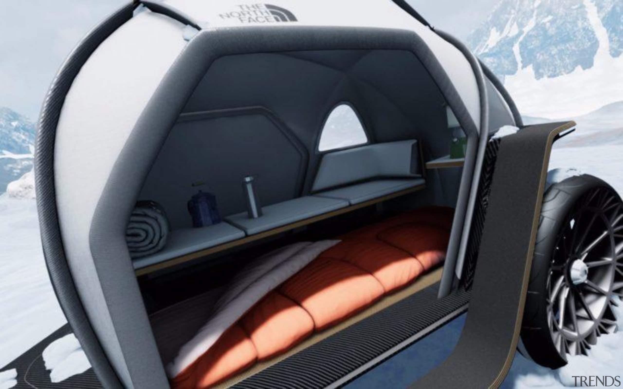 Off-piste glam camping? - Sure, go camping, but automotive design, automotive exterior, car, concept car, land vehicle, vehicle, vehicle door, black, white