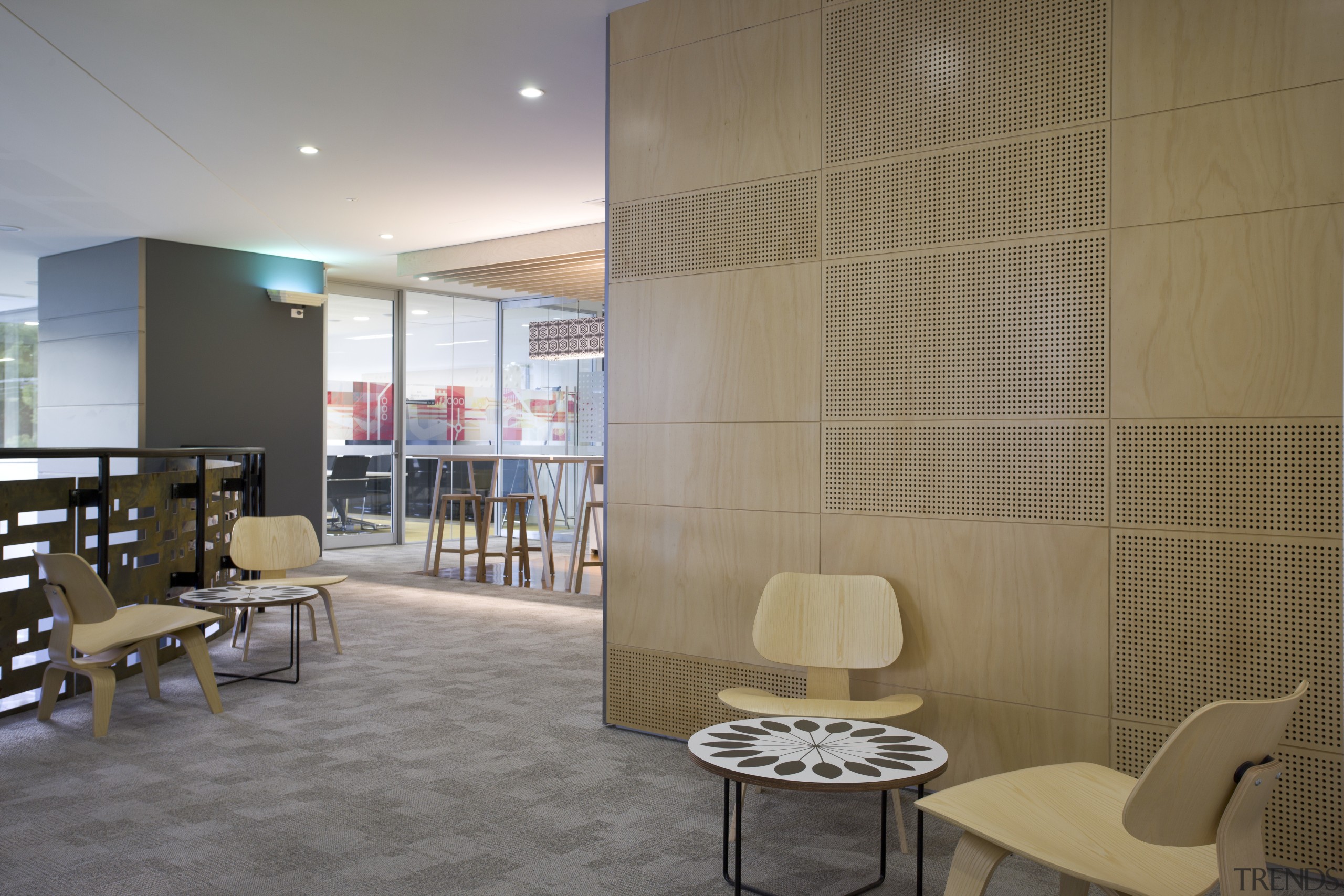 View of seating area with wooden chairs and architecture, ceiling, floor, flooring, interior design, lobby, real estate, wall, brown, gray