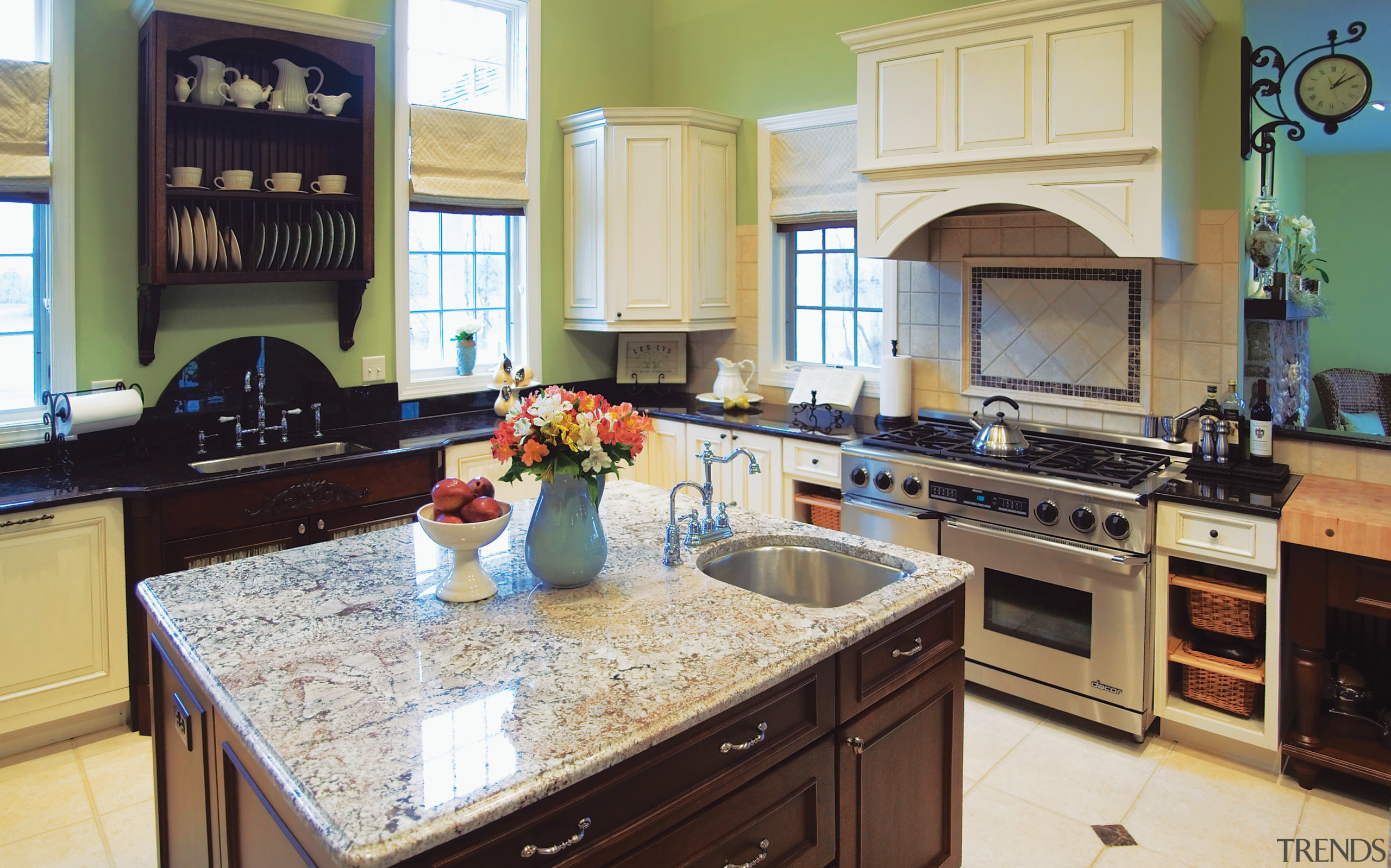 A view of this kitchen featuring tiled flooring, cabinetry, countertop, cuisine classique, home, interior design, kitchen, room, white