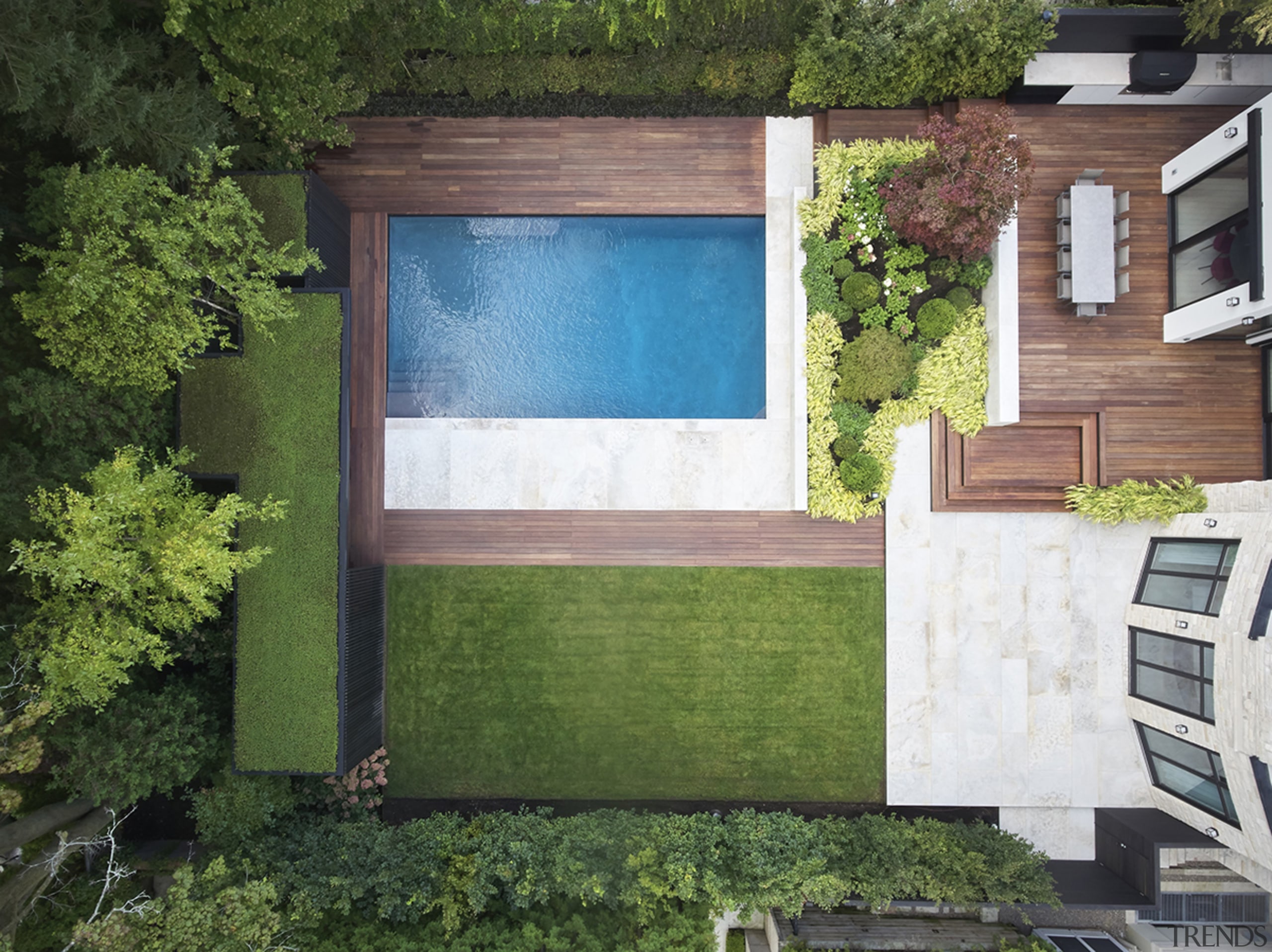 An overview of the well-connected landscaped pavilion and green
