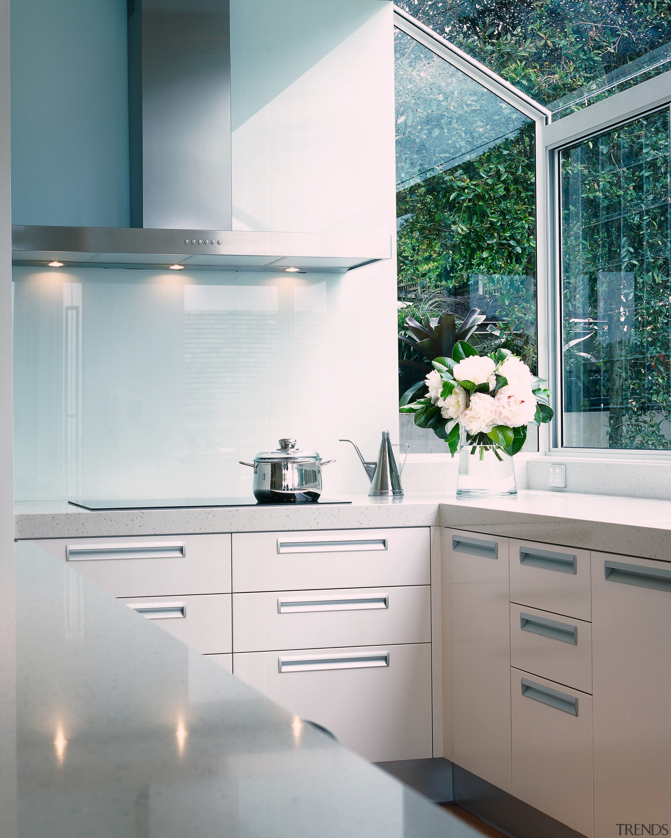 Kitchen with light coloured finish, rangehood and bay countertop, glass, home appliance, interior design, kitchen, room, gray, white