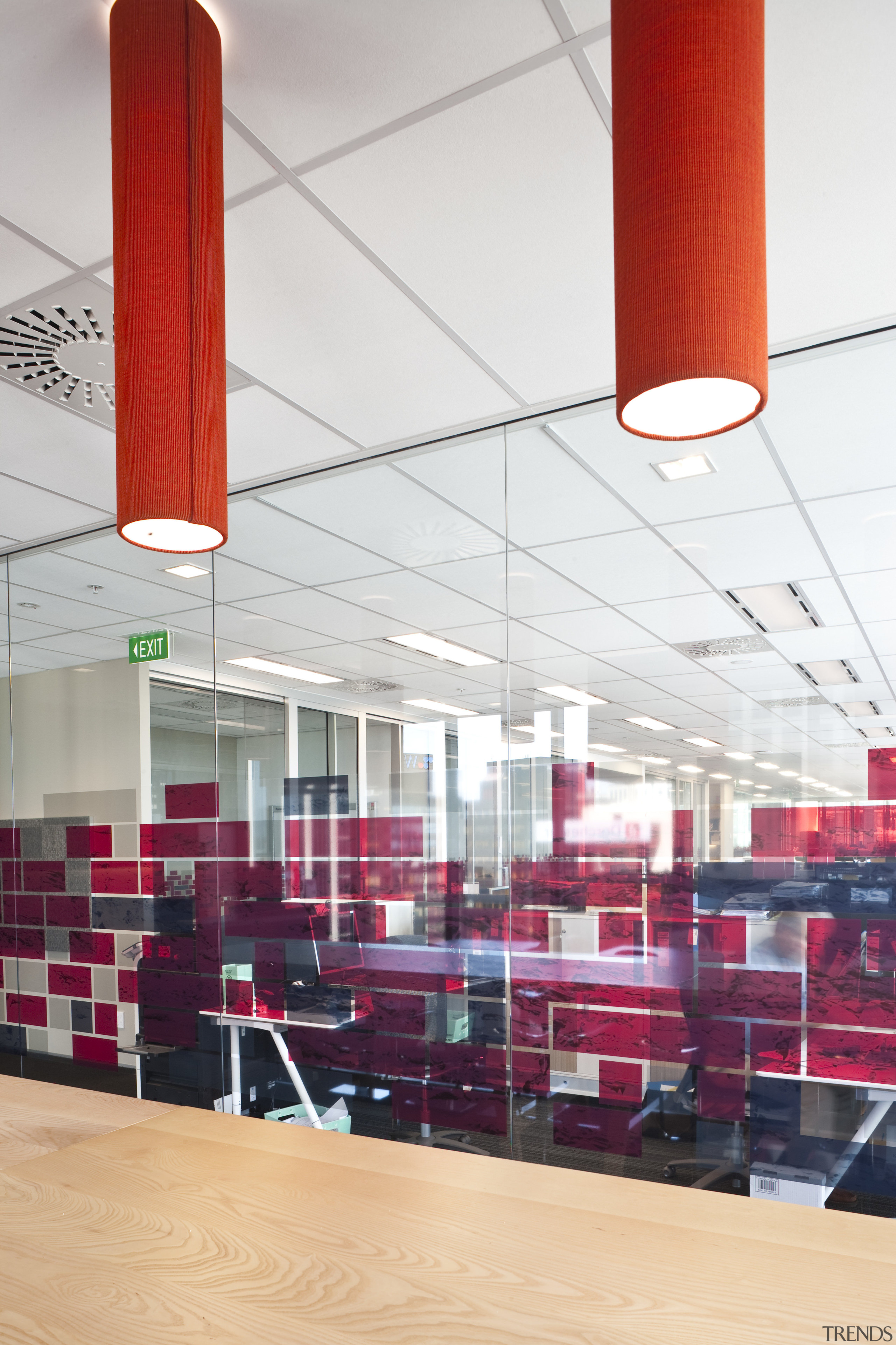 View of office spaces at the Deloitte Centre architecture, ceiling, daylighting, floor, flooring, interior design, red, structure, wall, white