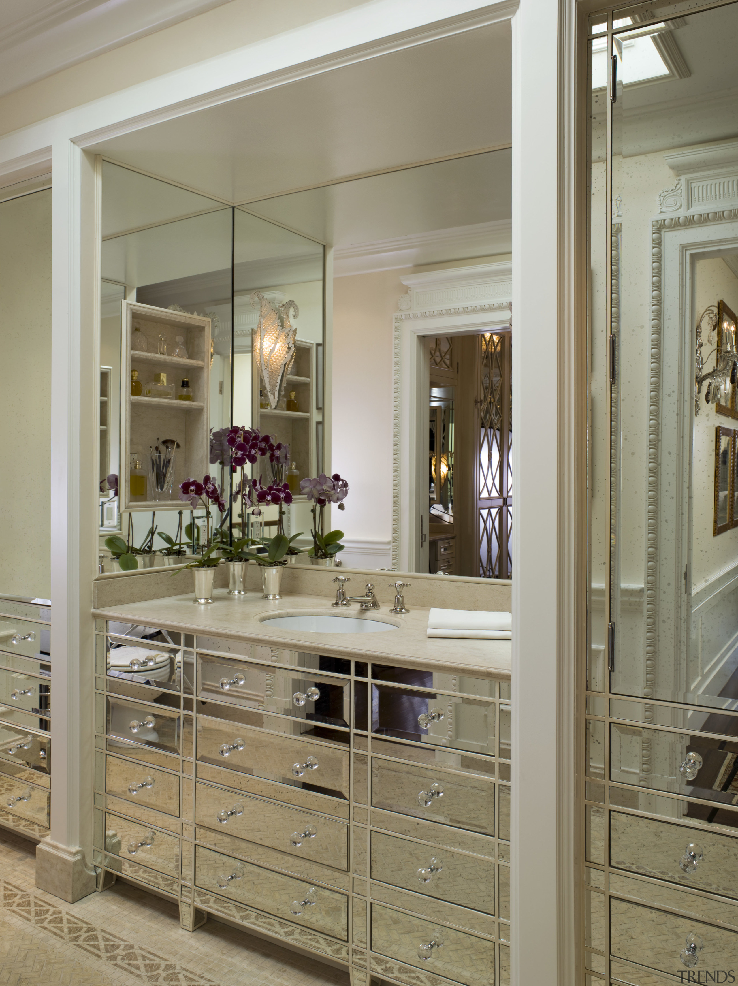 interior shot of a San Francisco Town House.Mirrored cabinetry, countertop, cuisine classique, furniture, home, interior design, room, window, brown