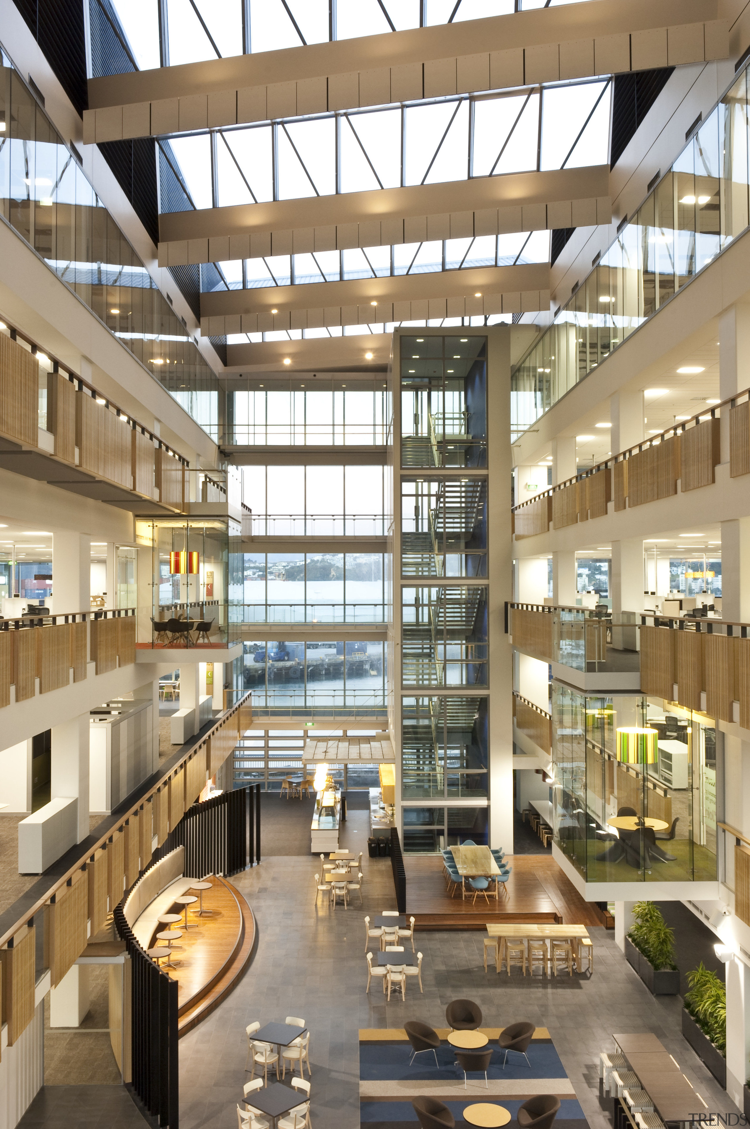 View of the atrium of the new BNZ apartment, building, ceiling, condominium, daylighting, institution, interior design, lobby, mixed use, shopping mall, brown, white