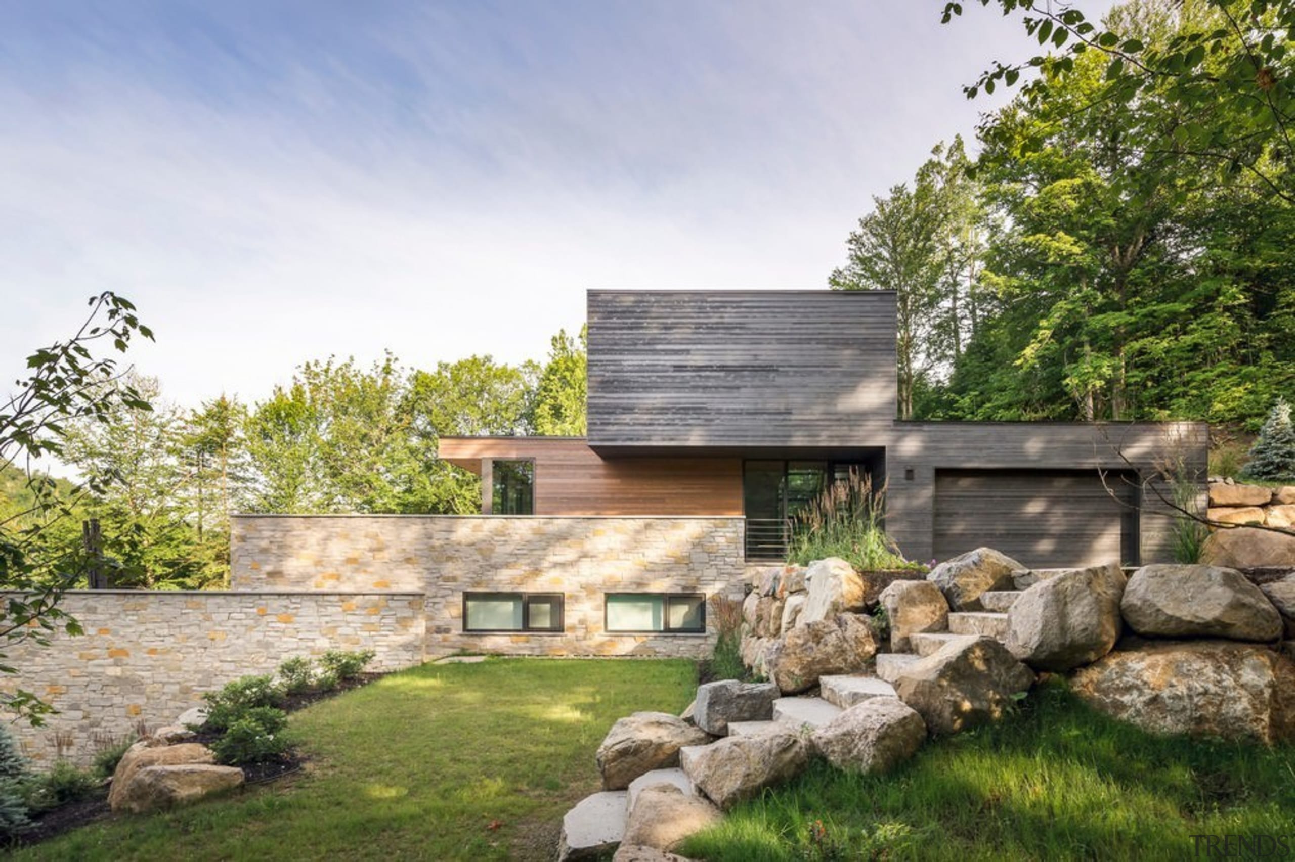 Stone walls and timber facades on the Estrade architecture, cottage, estate, farmhouse, home, house, landscape, landscaping, property, real estate, stone wall, wall, yard, brown