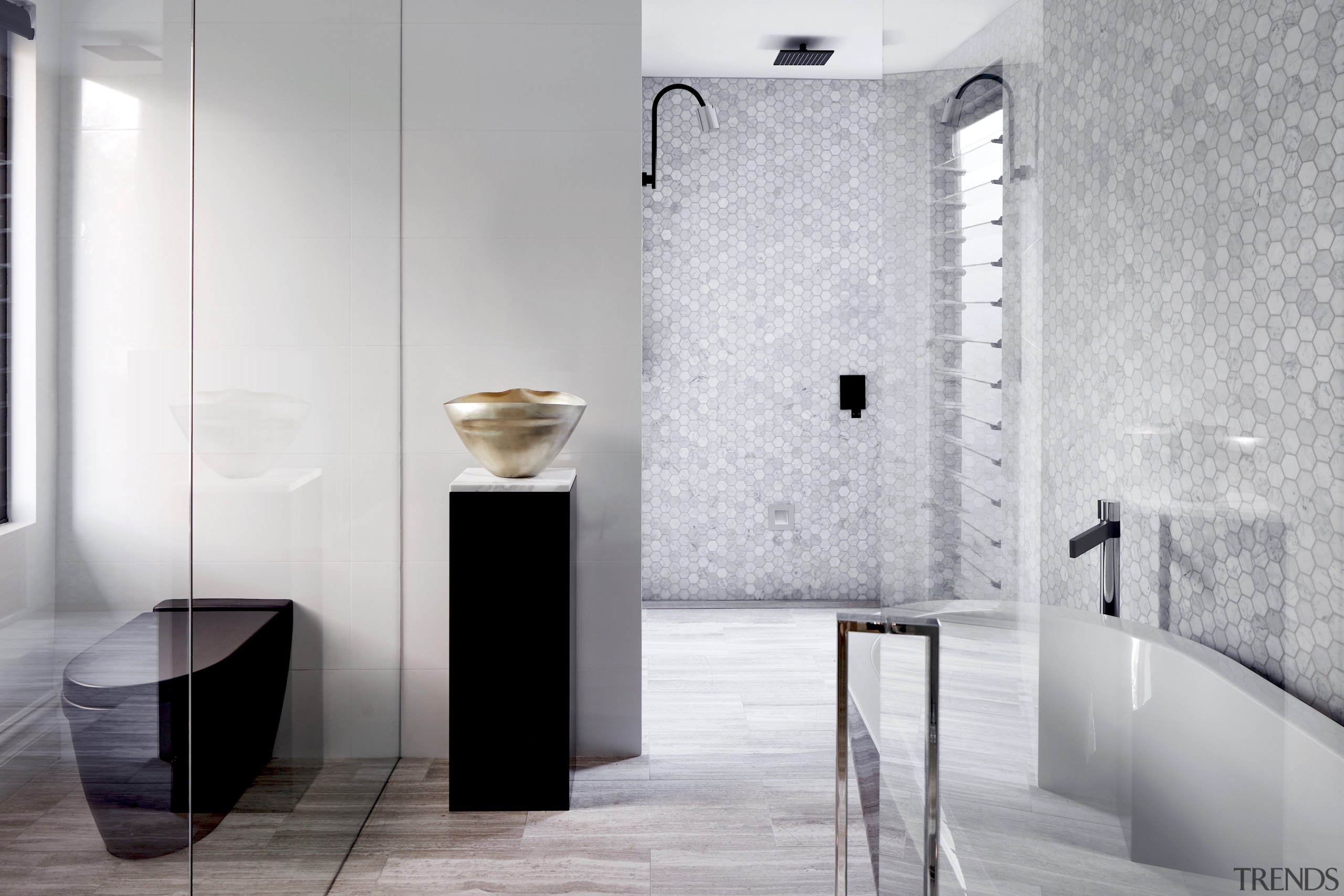 Archer Design – Winner – 2019 TIDA Australia architecture, bathroom, floor, flooring, interior design, material property, plumbing fixture, property, room, tap, tile, wall, gray