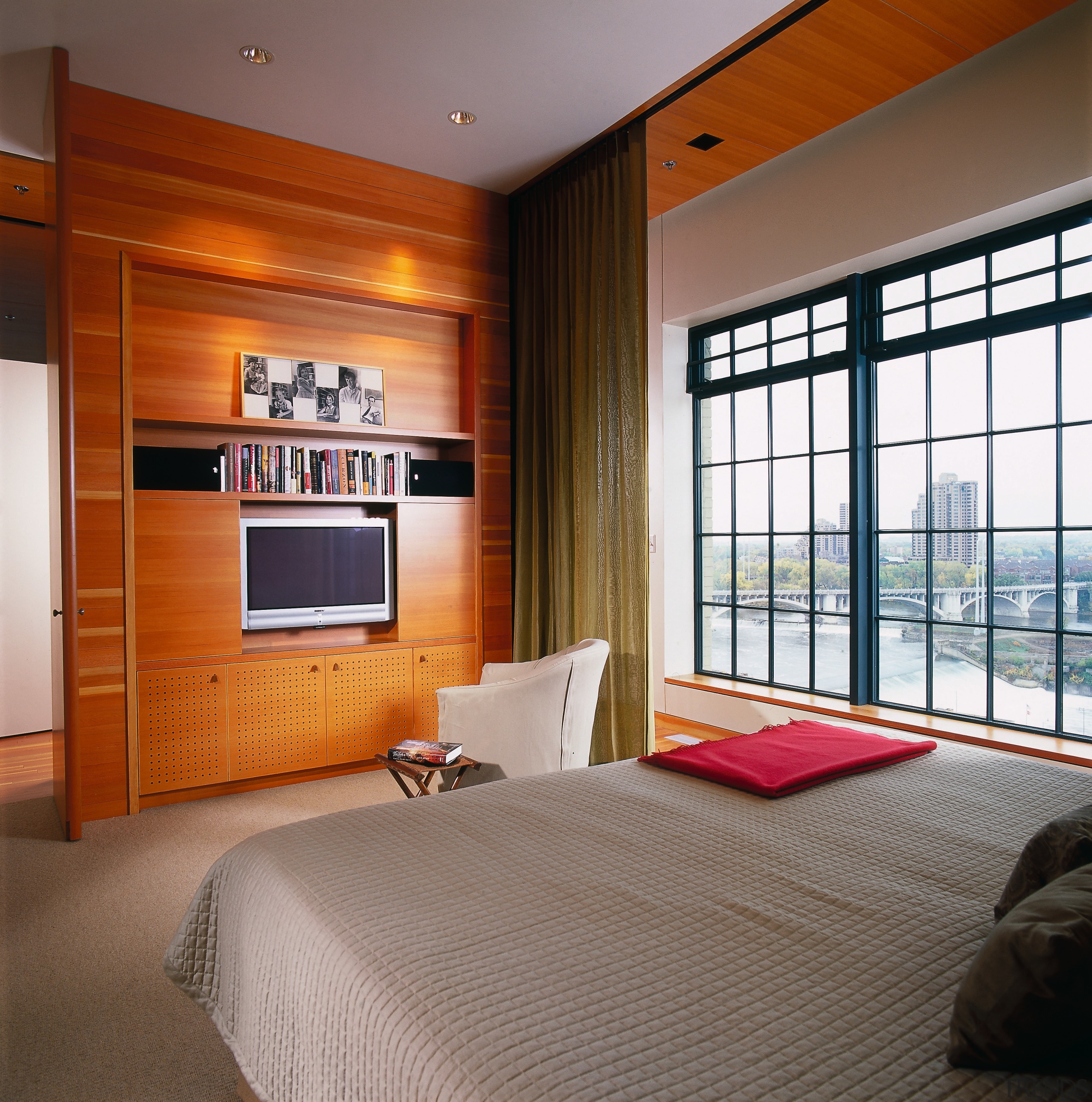 View of the master bedroom, carpet, wooden walls bed frame, bedroom, ceiling, interior design, real estate, room, wall, window, window covering, brown, gray