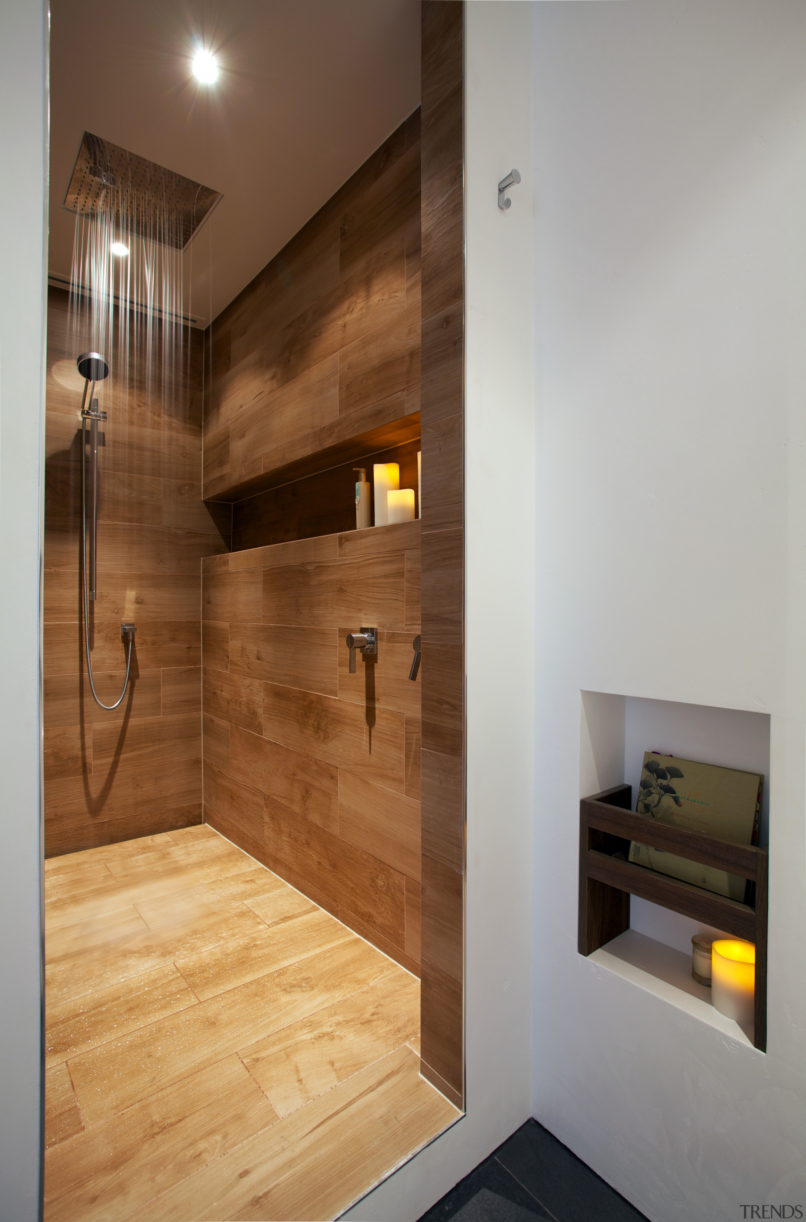 Italian porcelain tiles resembling timber planks contribute to architecture, bathroom, floor, flooring, hardwood, home, interior design, laminate flooring, lighting, room, tile, wall, wood, wood flooring, gray, brown