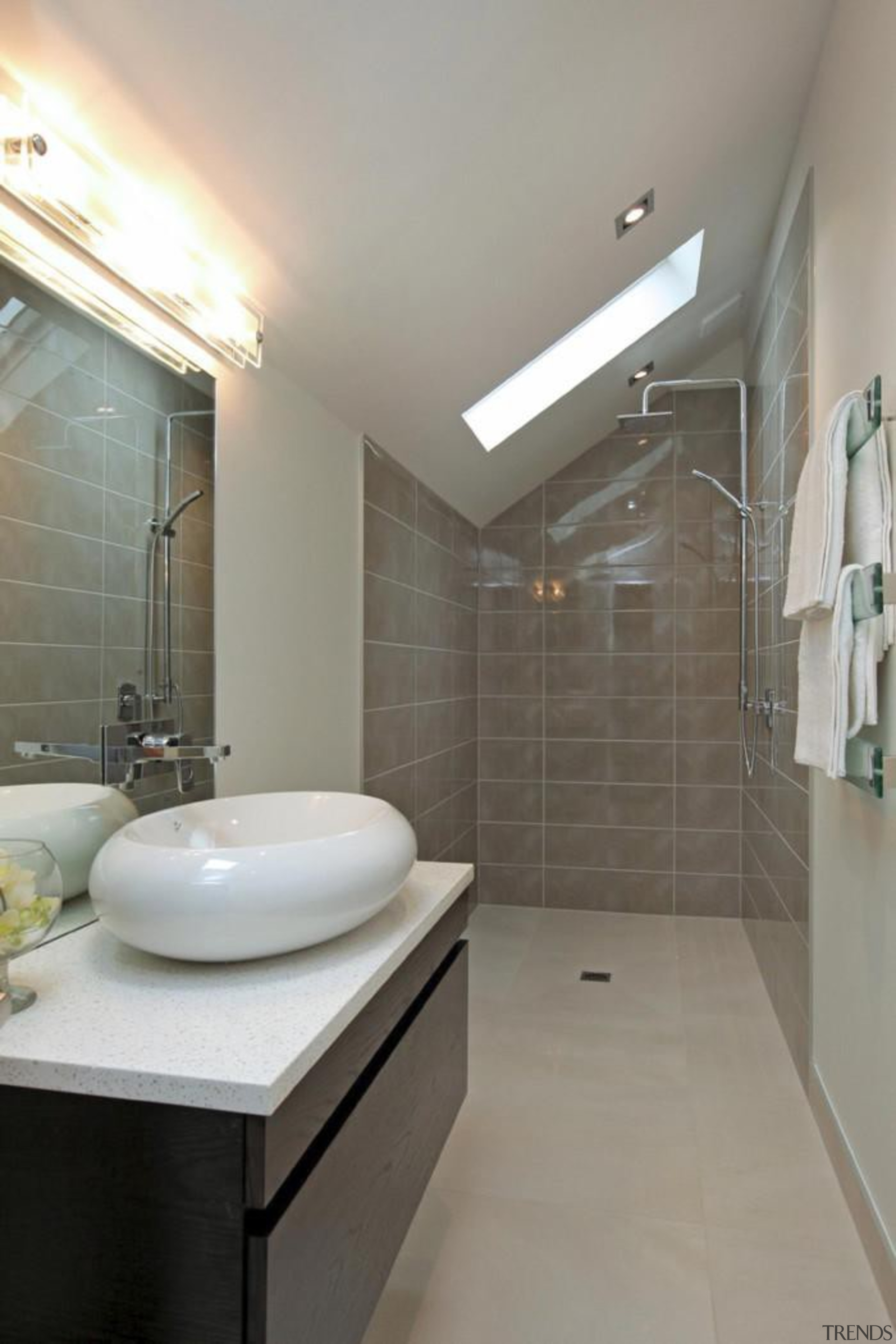 32 Rose Rd Origami mocha floral bathroom wall architecture, bathroom, floor, home, interior design, property, real estate, room, sink, tap, tile, gray