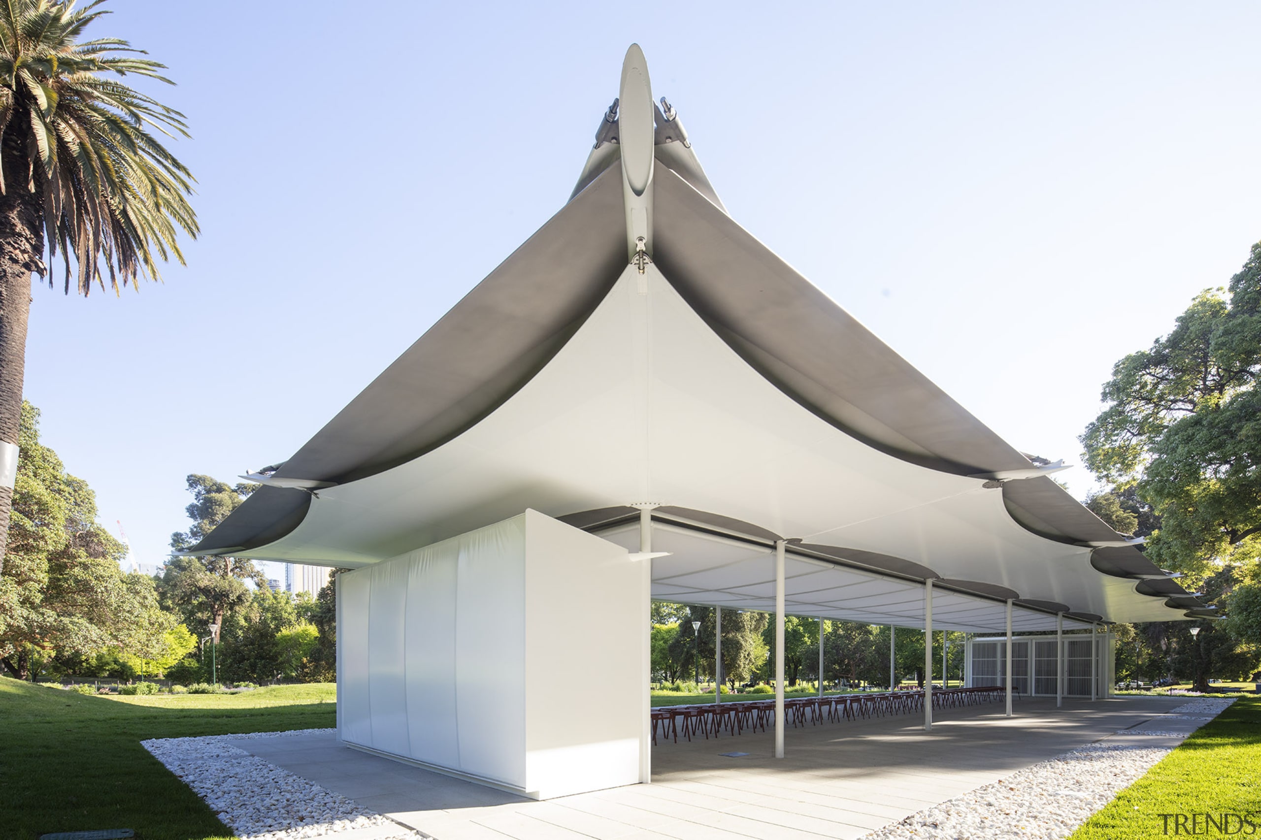 With the sun at 76 degrees thereabouts at architecture, building, canopy, chapel, facade, gazebo, home, house, pavilion, place of worship, property, real estate, roof, shade, tree, white