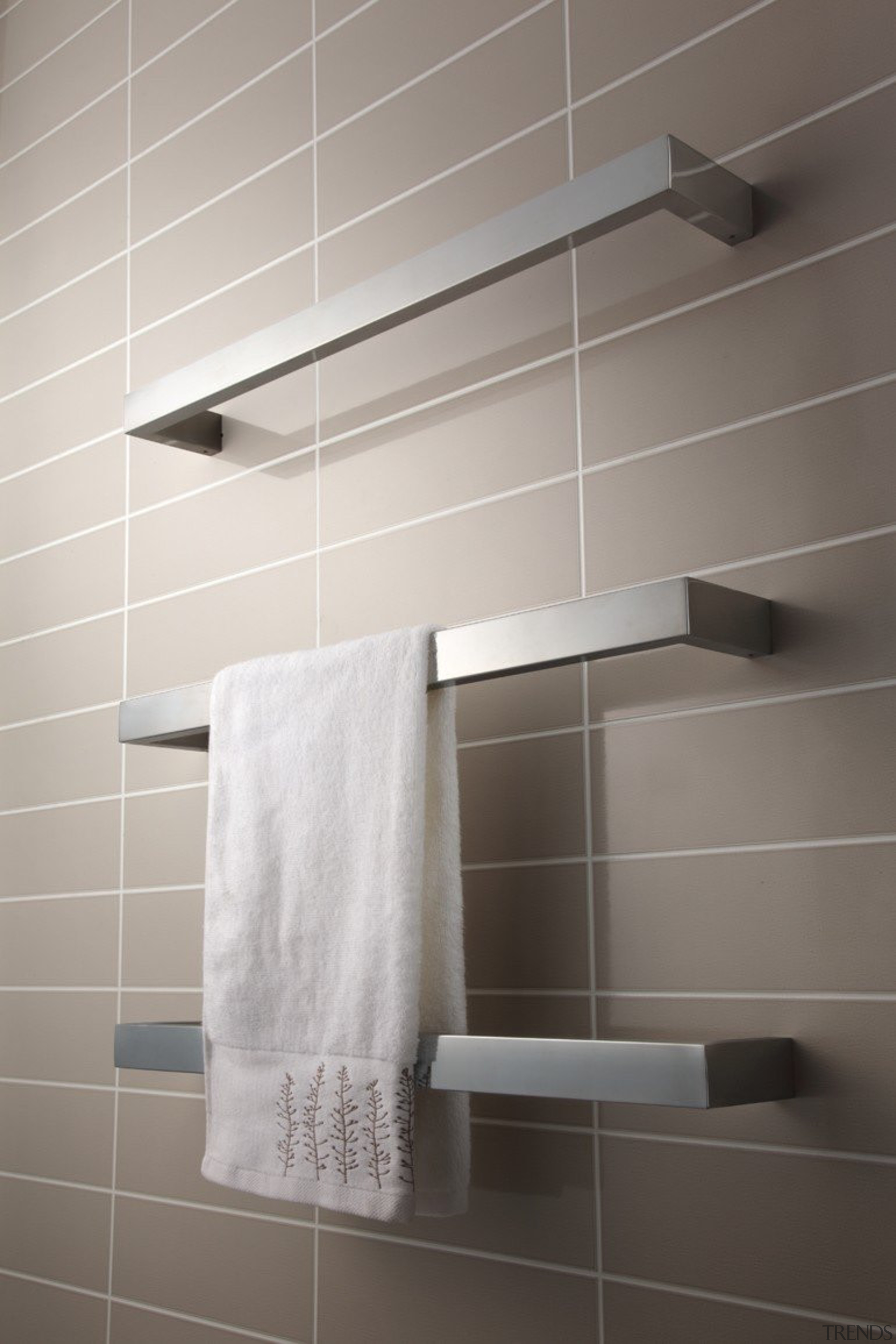 Strata Studio 1 Towel Rail.See here our collections angle, bathroom, bathroom accessory, floor, flooring, interior design, plumbing fixture, product, room, shelf, shelving, tap, tile, wall, gray