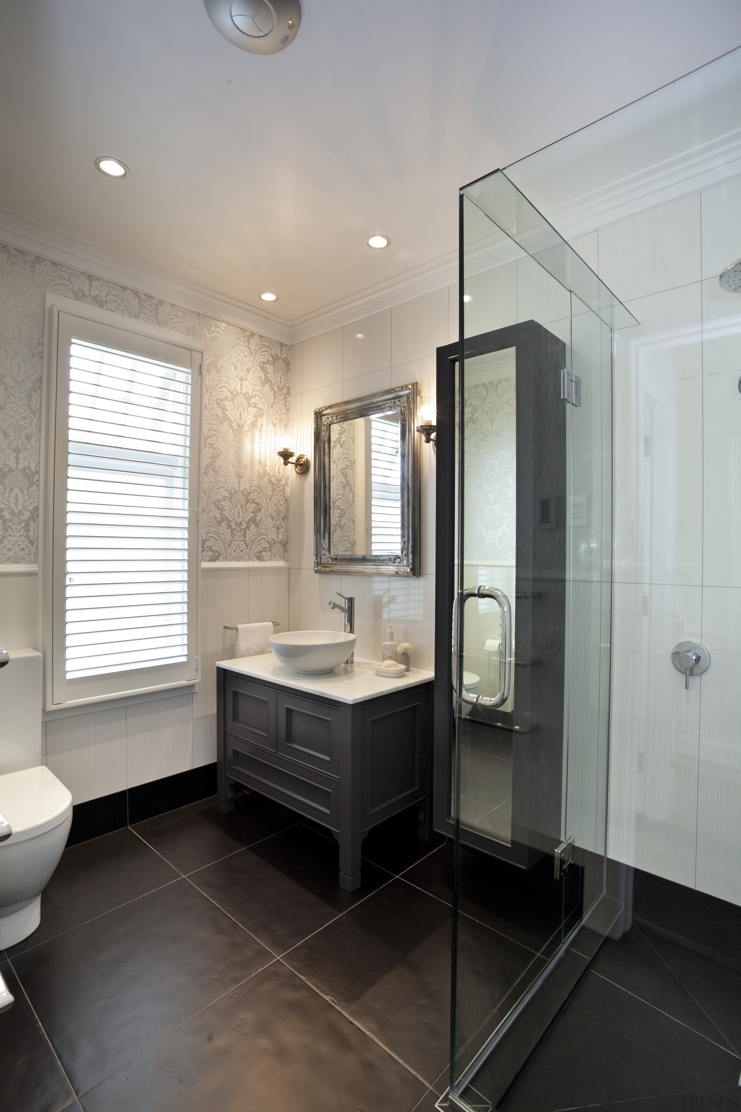 Dark charcoal features in the family bathroom, on bathroom, ceiling, floor, home, interior design, real estate, room, gray, black