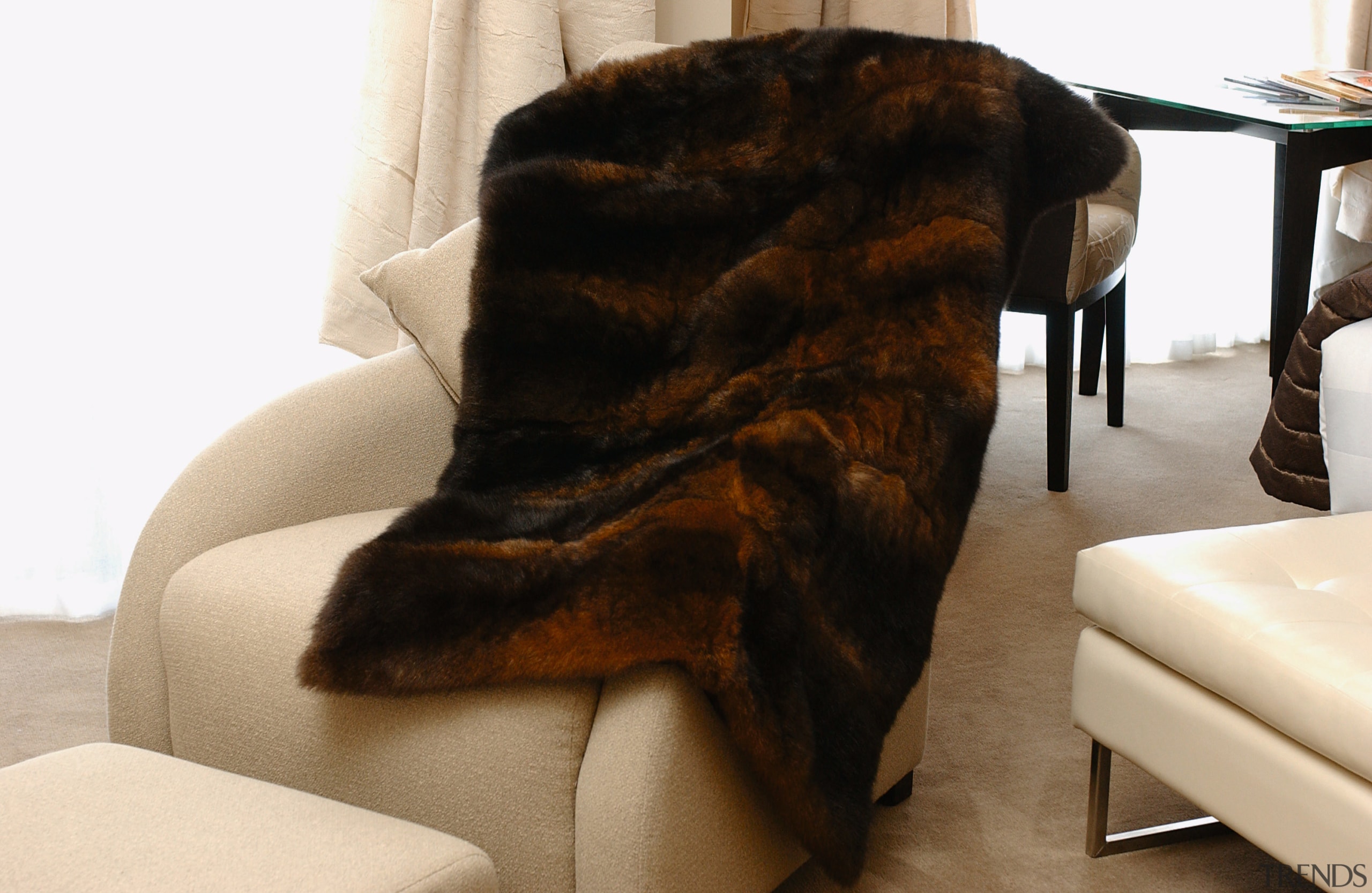 A view of a possum fur rug. - chair, couch, flooring, fur, fur clothing, furniture, textile