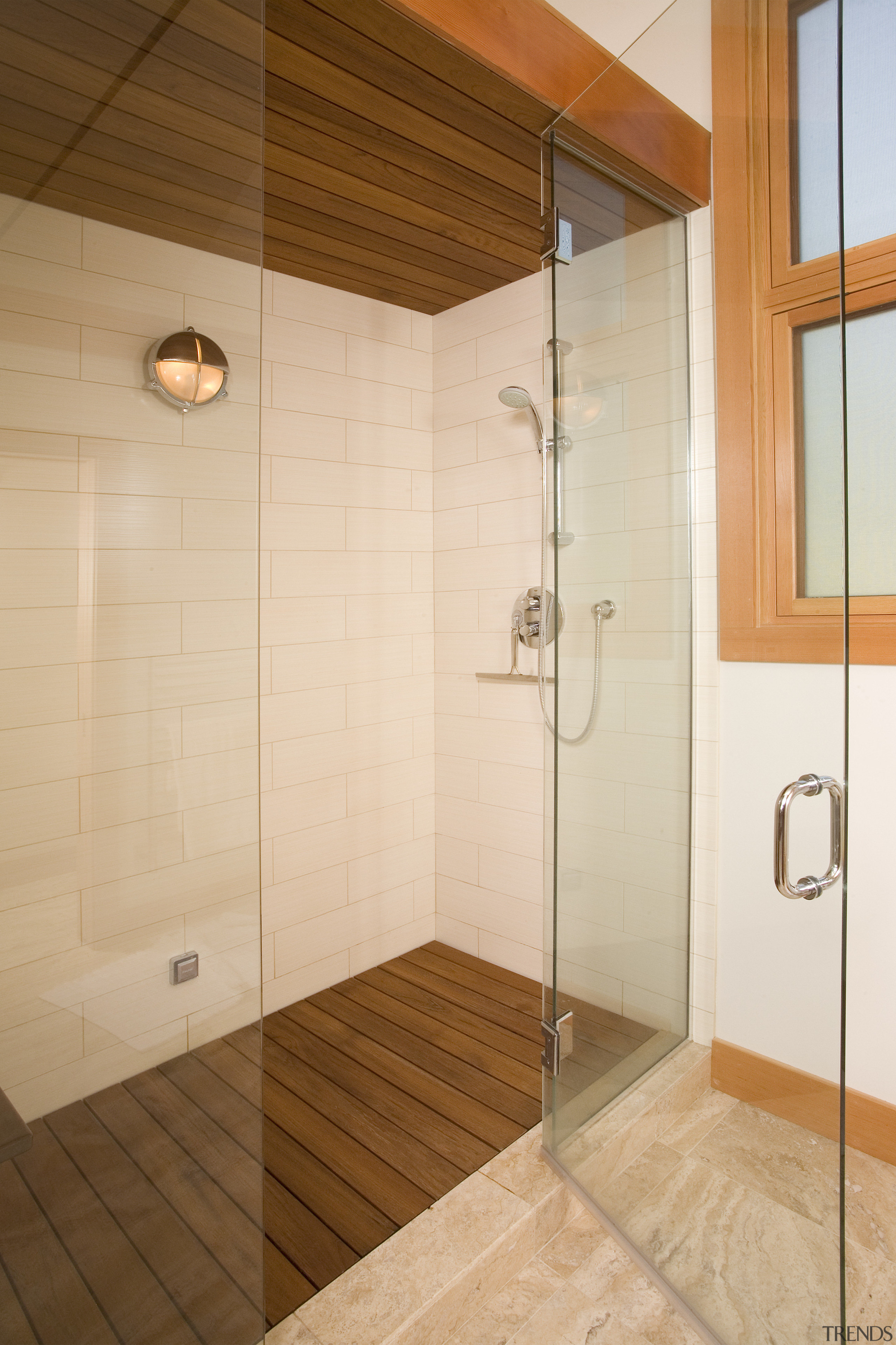 View of a remodeled house with timber ceilings bathroom, floor, interior design, plumbing fixture, room, shower, tile, wall, wood, wood flooring, orange, brown